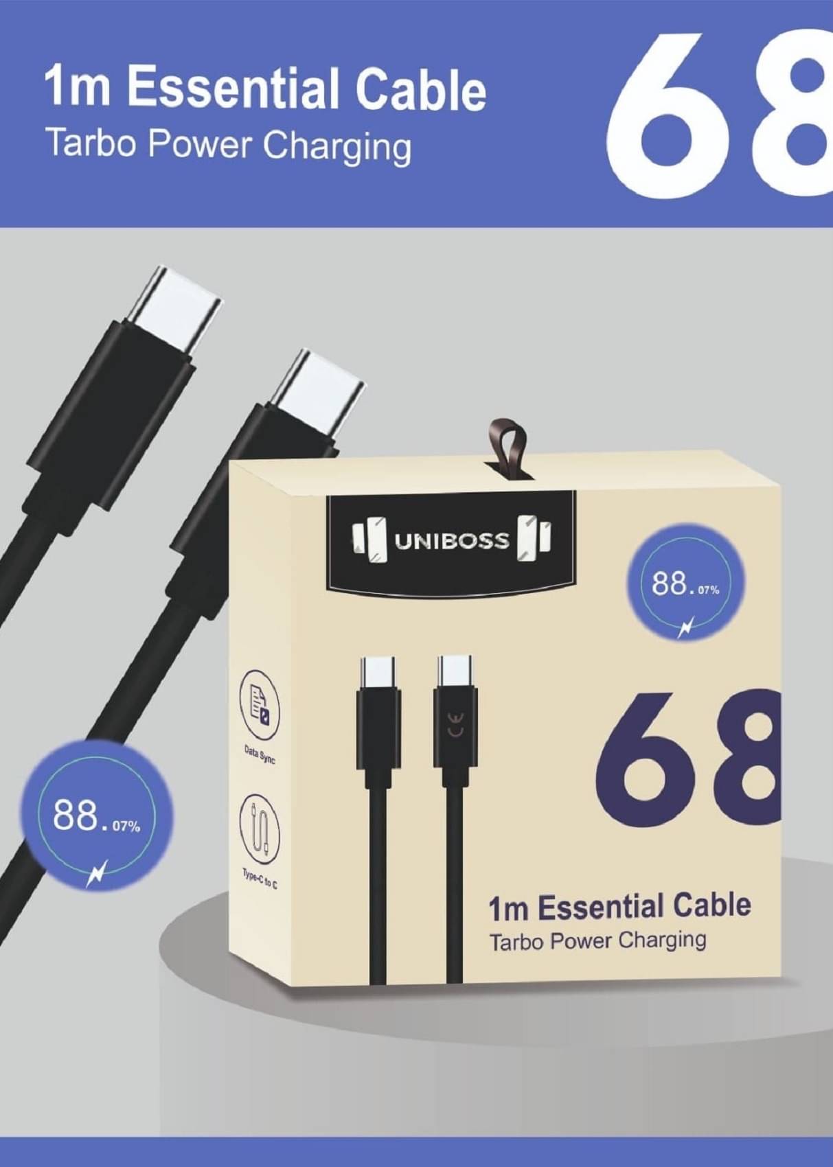     			UniBoss 68 Watt Type C to C Certified Fast Charging Cable 1 m USB Type C Cable  (Compatible with Moto Edge 60/ 50/ 40/ 30/ Fusion /Neo/razr/g05/g85/g45/g64/g84 /g62, Black)