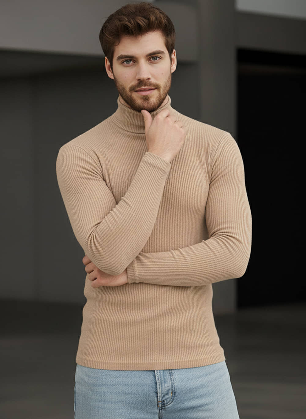 VIOUR Polyster High Neck Men's Full Sleeves Pullover Sweater - Beige ( Pack of 1 )