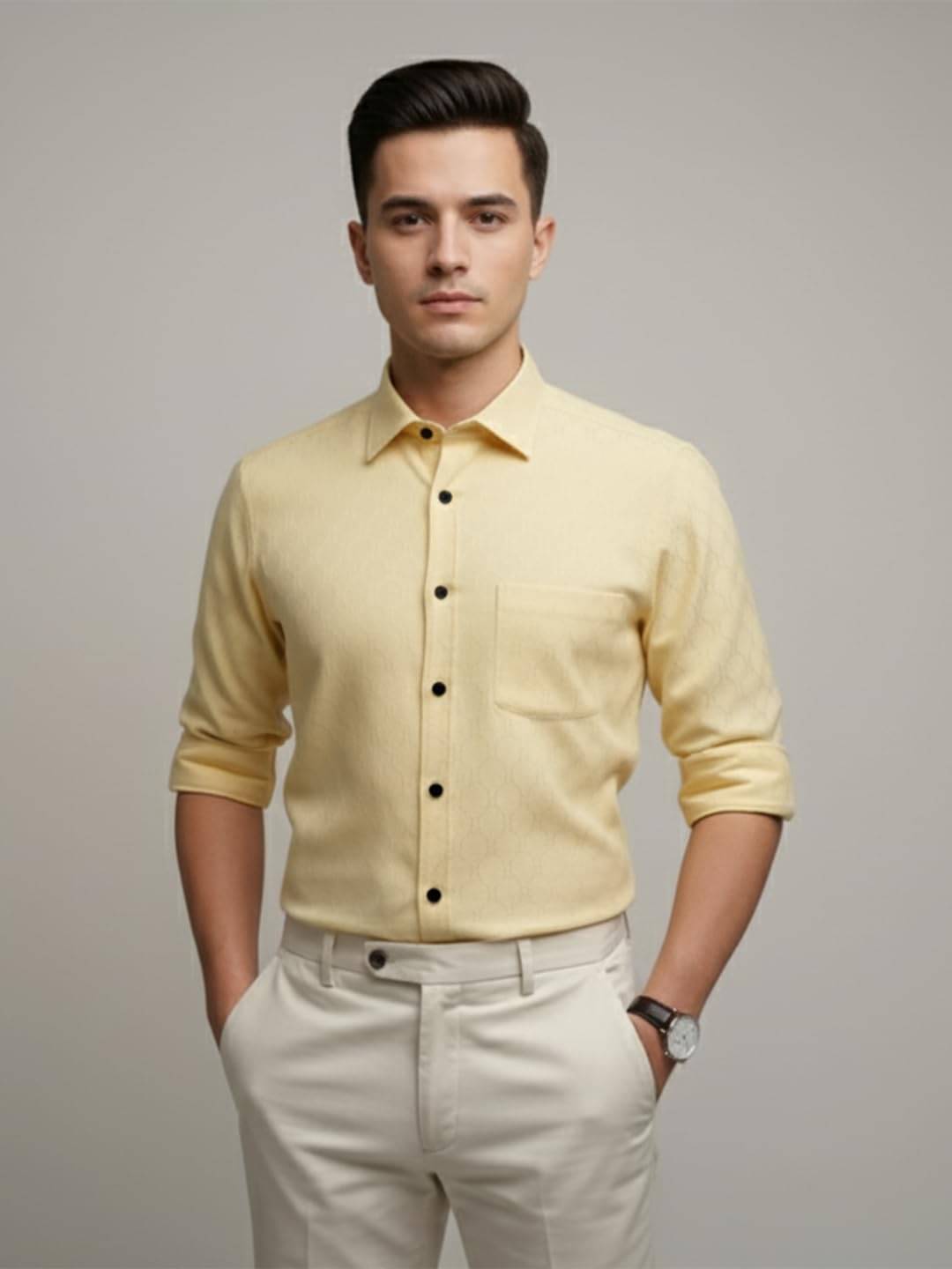     			Vida Loca Cotton Blend Slim Fit Self Design Full Sleeves Men's Casual Shirt - Yellow ( Pack of 1 )