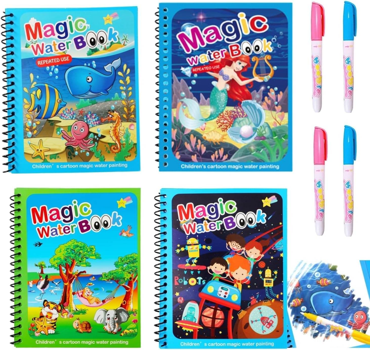     			WildBooks - 4 Pack Water Magic Coloring Books with Refillable Pens - No-Mess Water Reveal Activity Book Set for Kids - Reusable & Travel-Friendly