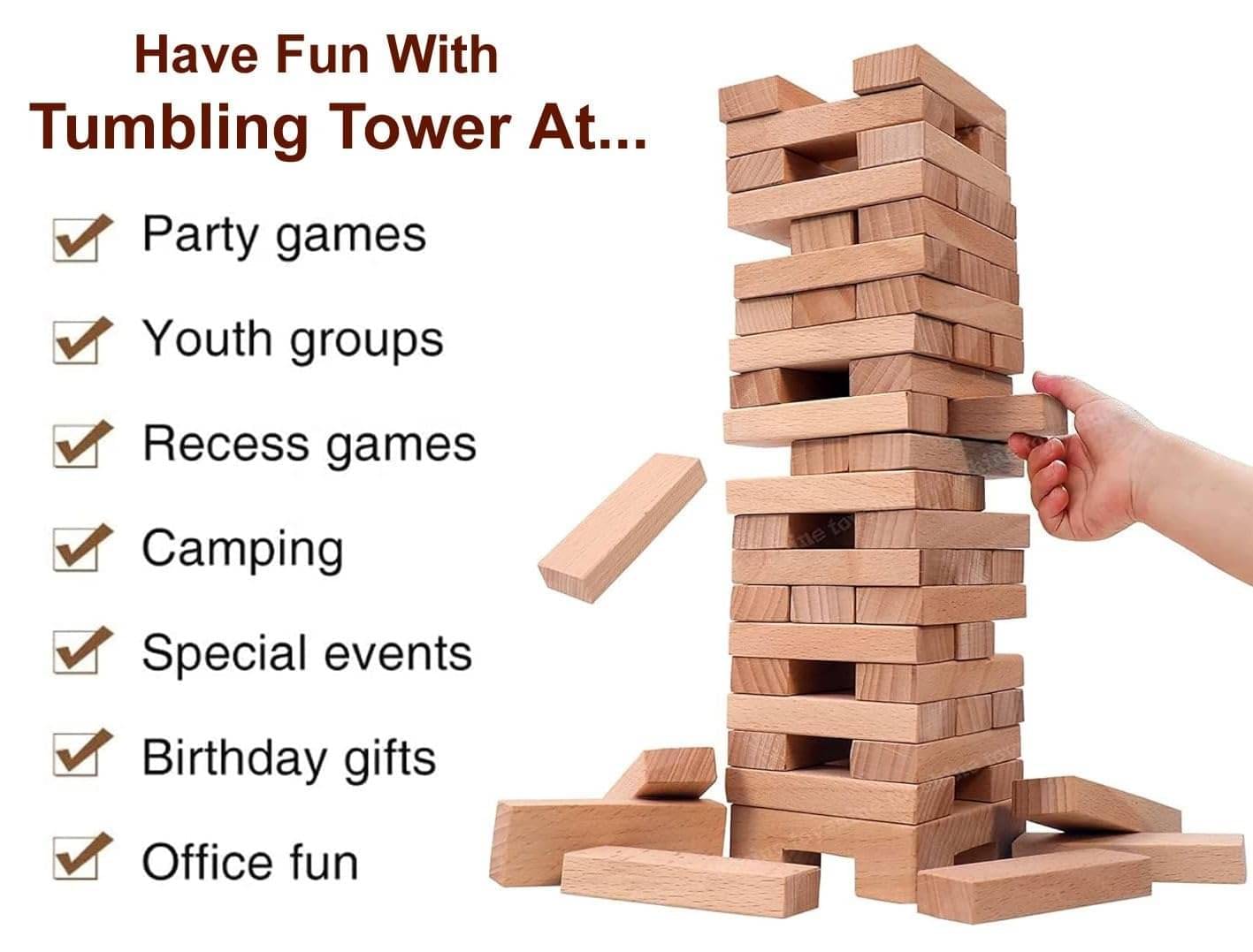     			Wooden Tumbling Tower Game – Indoor Stacking Puzzle Blocks for Kids, Adults & Families – Fun Balancing Toy for Boys & Girls of All Ages – Party Game & Brain Teaser - 54 Hardwood Blocks