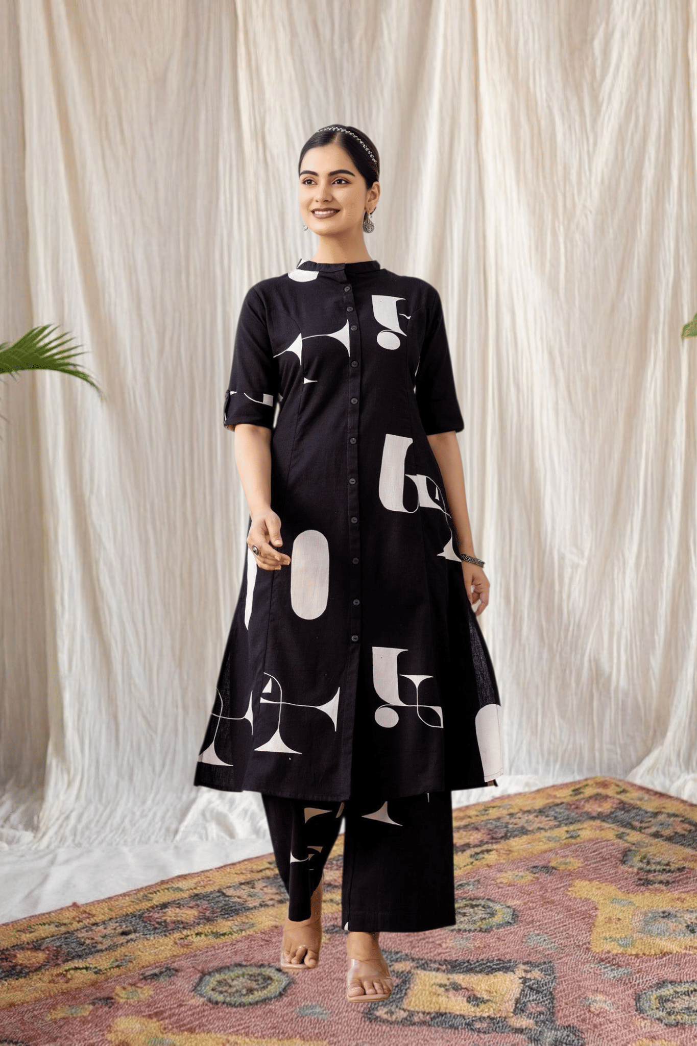 YAGNIK FASHION Women Cotton Blend Self Design A-line Kurti With Pants ( Black )
