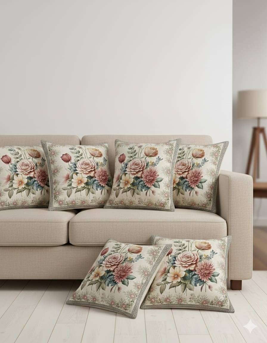     			choice first hub Set of 5 Velvet Floral Square Cushion Cover (40X40)cm - White