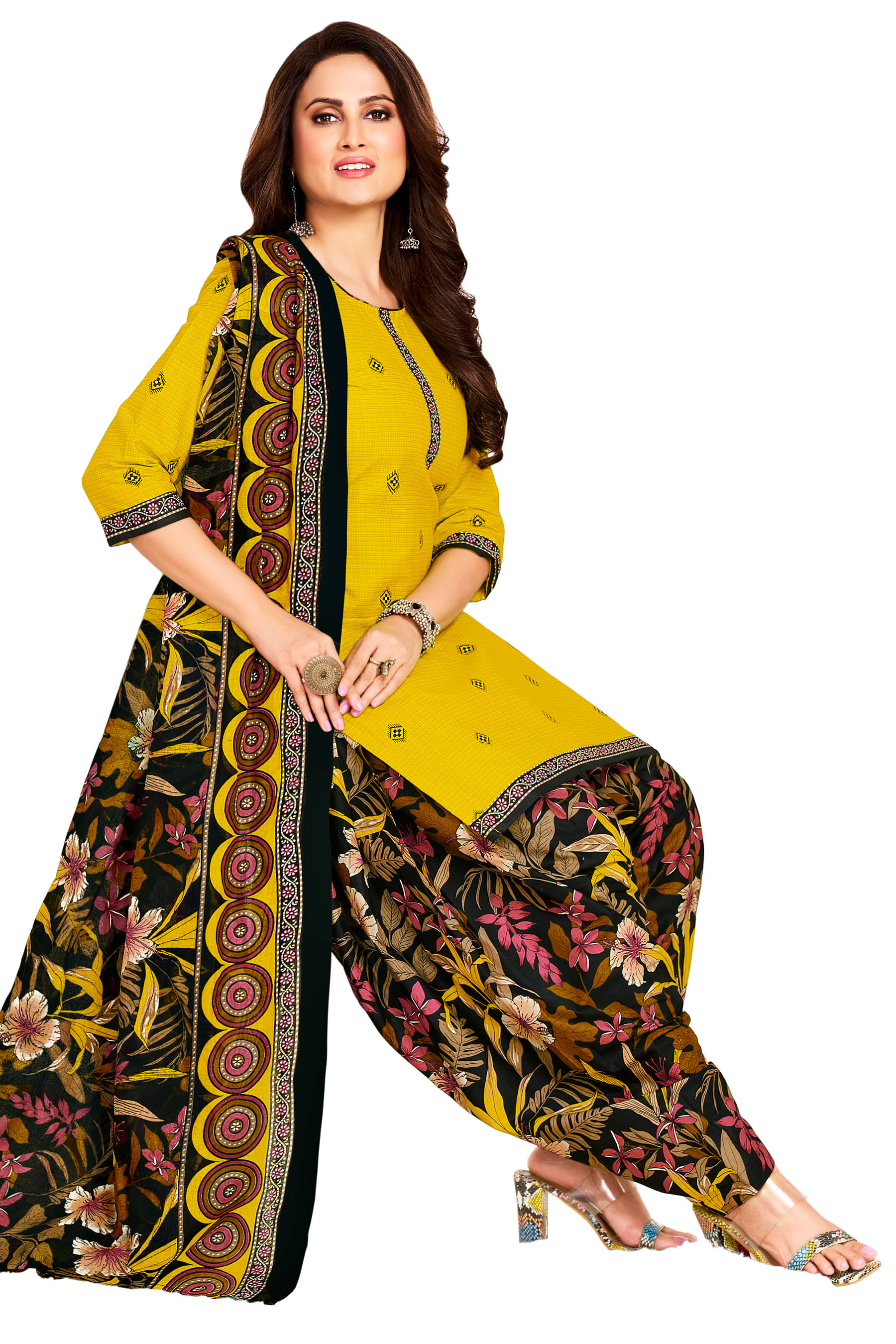     			shree jeenmata collection Women Cotton Printed Straight Kurti With Patiala Salwar ( Yellow )