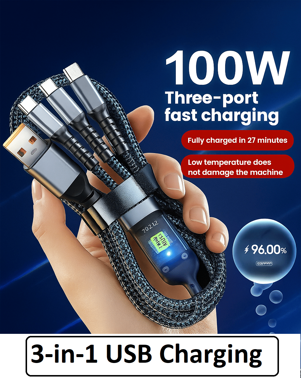     			100W Fast Charging 3.0 USB Cable 4 Ft / 1.2M To 3-In-1 Long Charging Cord With Type C + Micro Usb + Lightning Connector 480 Mbps Data Transfer For Laptop,Tablets,Smartphones & More, Black