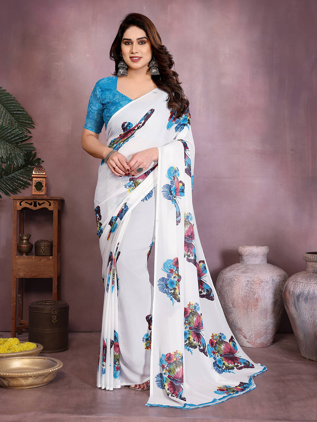 ANAND SAREES Georgette Printed Regular Saree With Unstitched Blouse Piece ( Blue ) - Sarees | Buy online on ZillyBuy