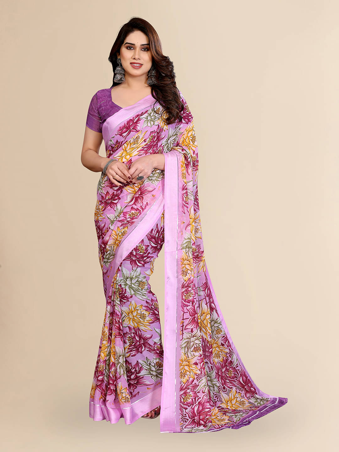 ANAND SAREES Georgette Printed Regular Saree With Unstitched Blouse Piece ( Purple )     			ANAND SAREES Georgette Printed Regular Saree With Unstitched Blouse Piece ( Purple )
