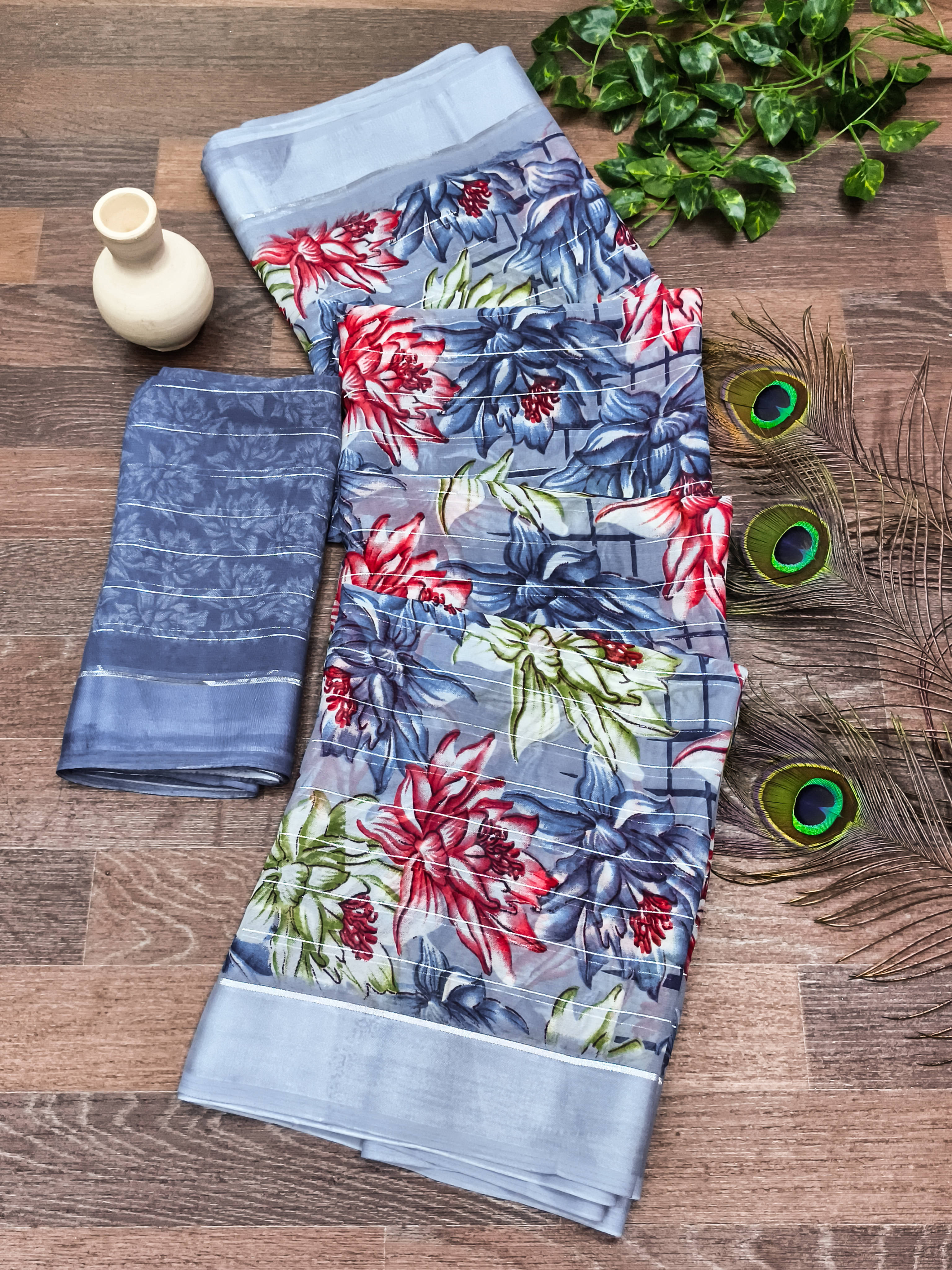 ANAND SAREES Georgette Printed Regular Saree With Unstitched Blouse Piece ( Grey )     			ANAND SAREES Georgette Printed Regular Saree With Unstitched Blouse Piece ( Grey )