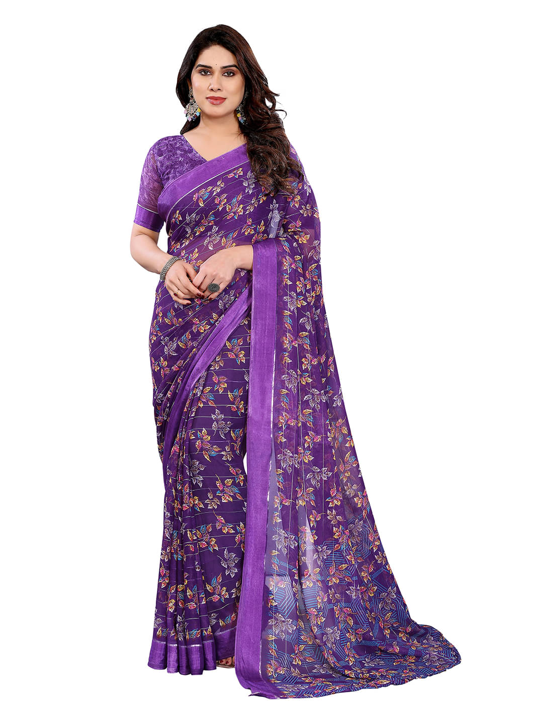 ANAND SAREES Georgette Printed Regular Saree With Unstitched Blouse Piece ( Purple )     			ANAND SAREES Georgette Printed Regular Saree With Unstitched Blouse Piece ( Purple )