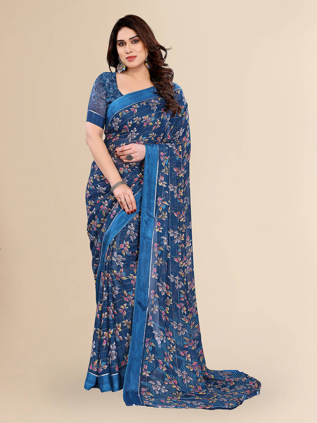    			ANAND SAREES Georgette Printed Regular Saree With Unstitched Blouse Piece ( Blue )