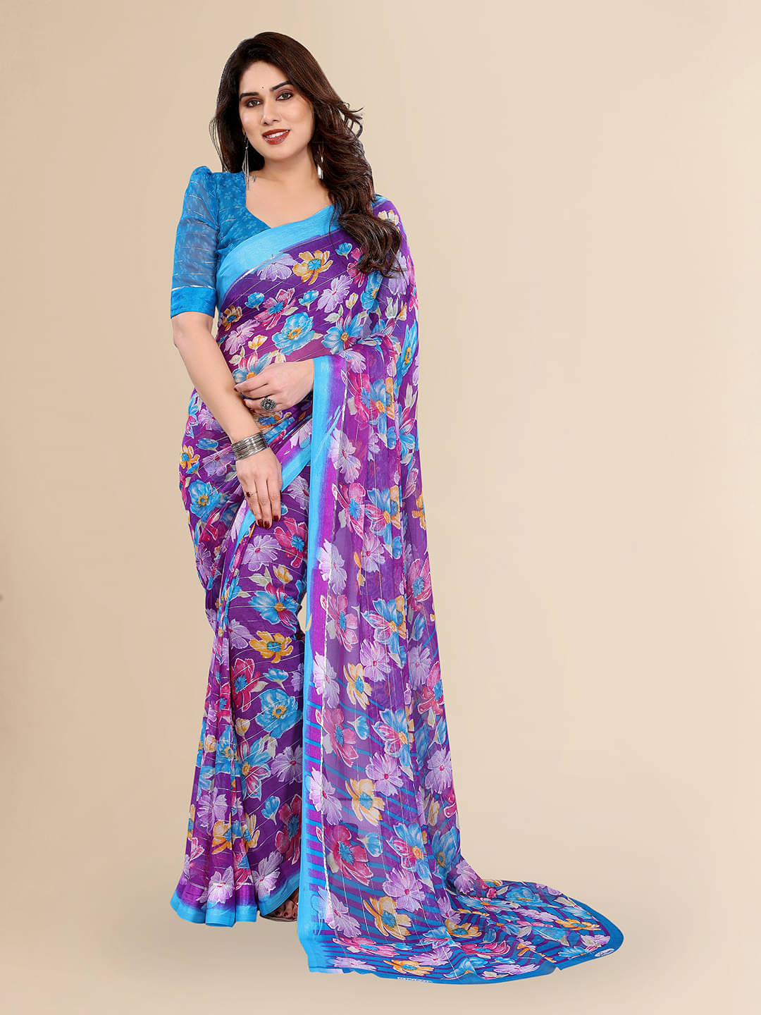 ANAND SAREES Georgette Printed Regular Saree With Unstitched Blouse Piece ( Purple )     			ANAND SAREES Georgette Printed Regular Saree With Unstitched Blouse Piece ( Purple )
