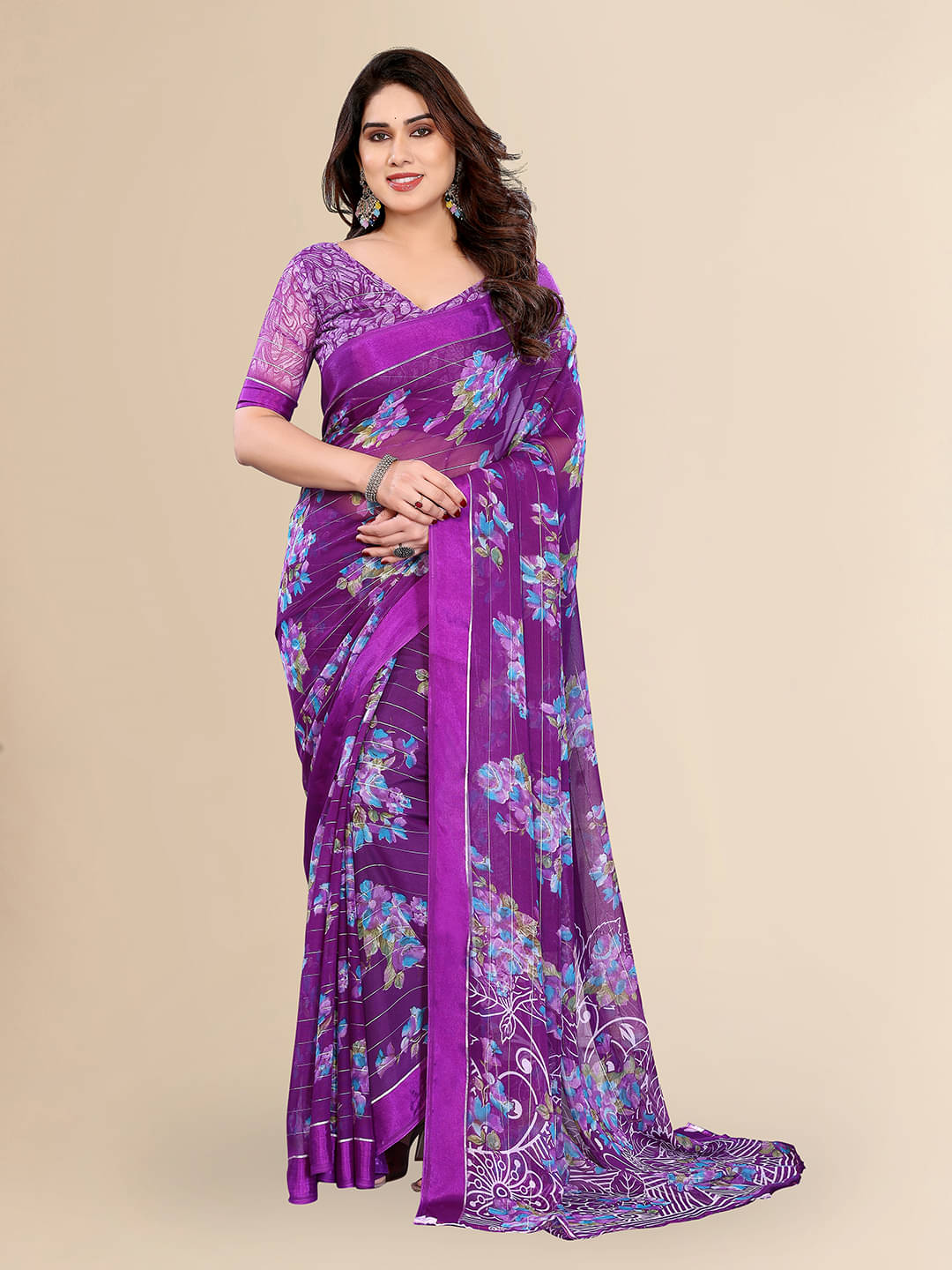 ANAND SAREES Georgette Printed Regular Saree With Unstitched Blouse Piece ( Purple ) ANAND SAREES Georgette Printed Regular Saree With Unstitched Blouse Piece ( Purple )