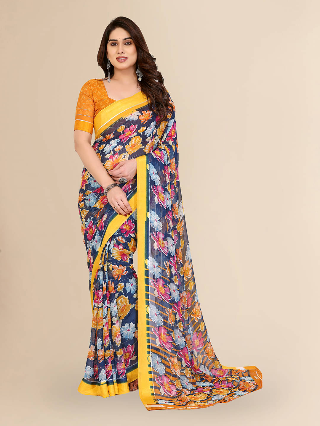 ANAND SAREES Georgette Printed Regular Saree With Unstitched Blouse Piece ( Blue )     			ANAND SAREES Georgette Printed Regular Saree With Unstitched Blouse Piece ( Blue )