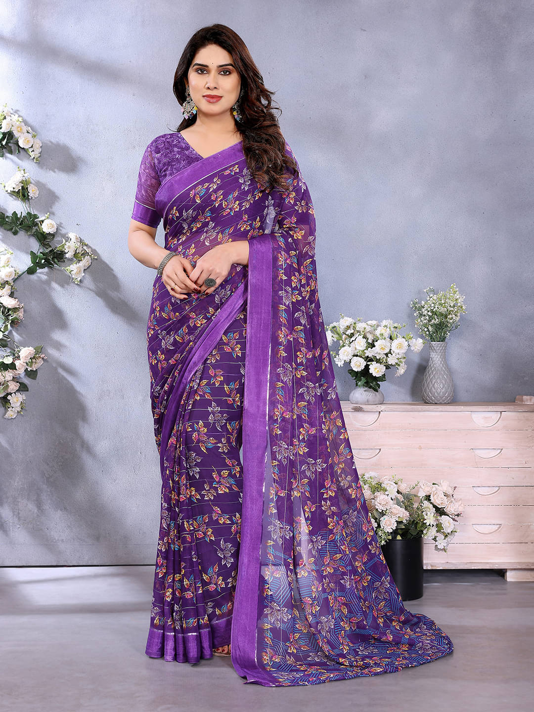     			ANAND SAREES Georgette Printed Regular Saree With Unstitched Blouse Piece ( Purple )