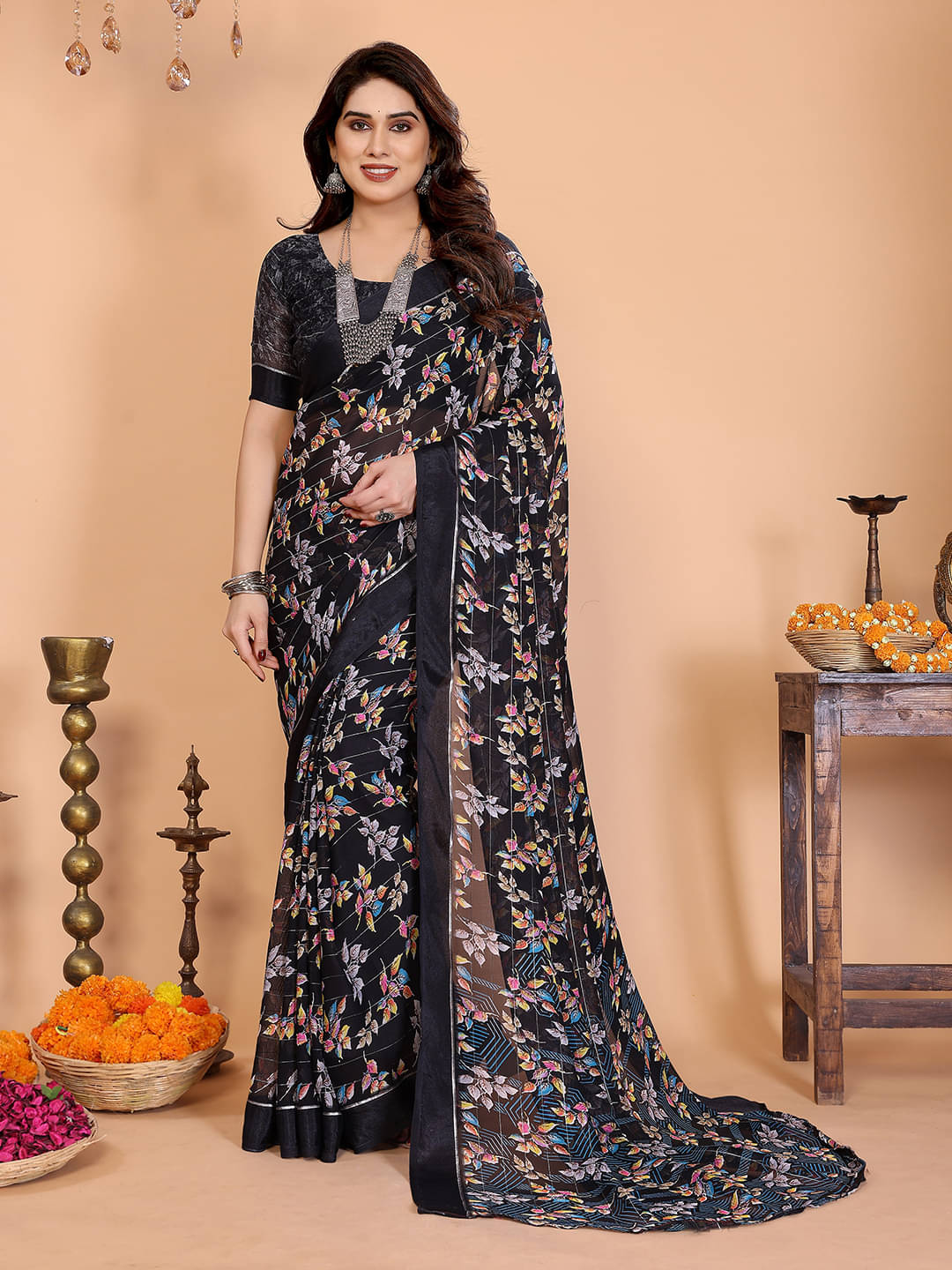 ANAND SAREES Georgette Printed Regular Saree With Unstitched Blouse Piece ( Black )     			ANAND SAREES Georgette Printed Regular Saree With Unstitched Blouse Piece ( Black )