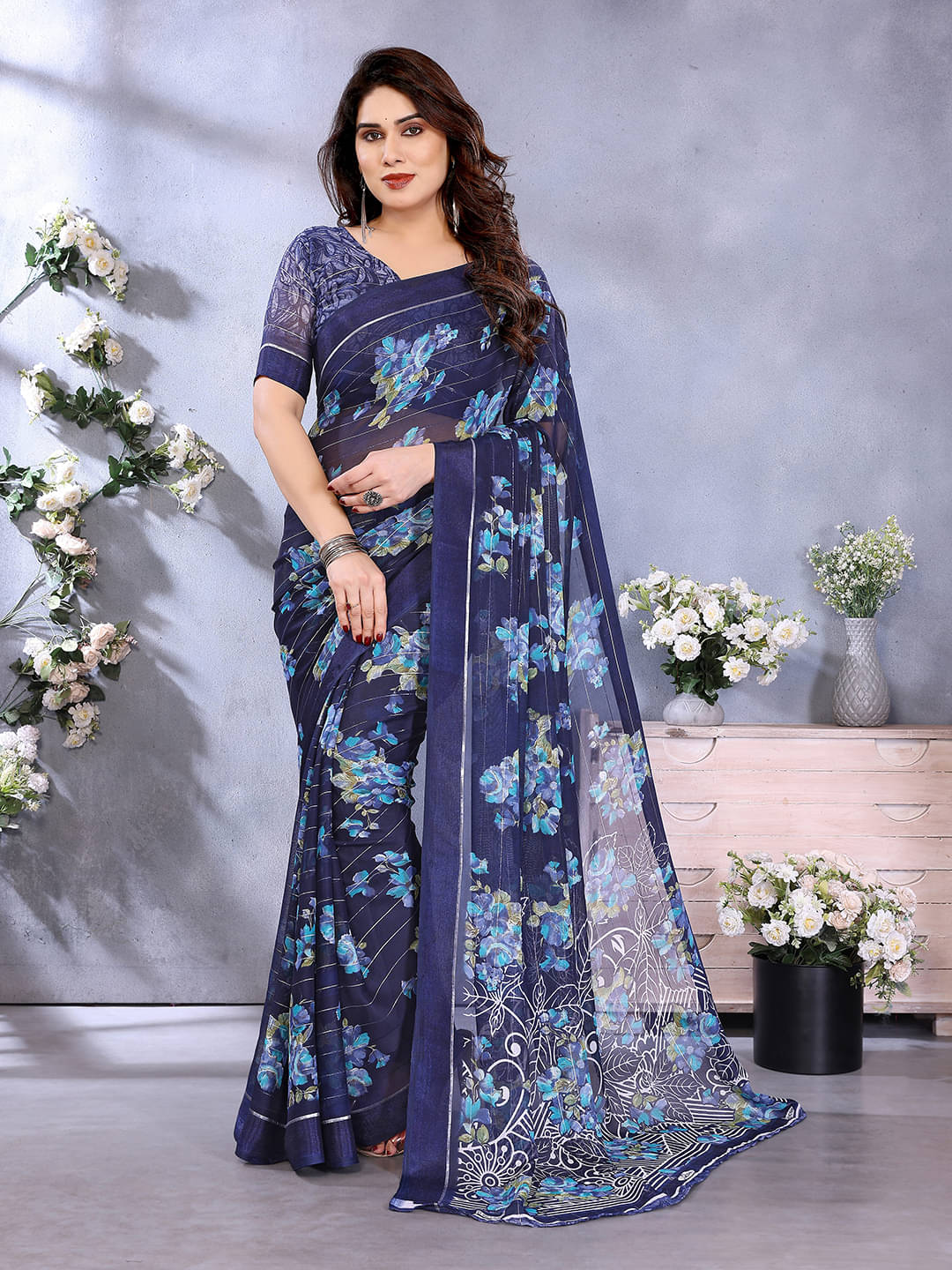 ANAND SAREES Georgette Printed Regular Saree With Unstitched Blouse Piece ( Navy Blue )     			ANAND SAREES Georgette Printed Regular Saree With Unstitched Blouse Piece ( Navy Blue )