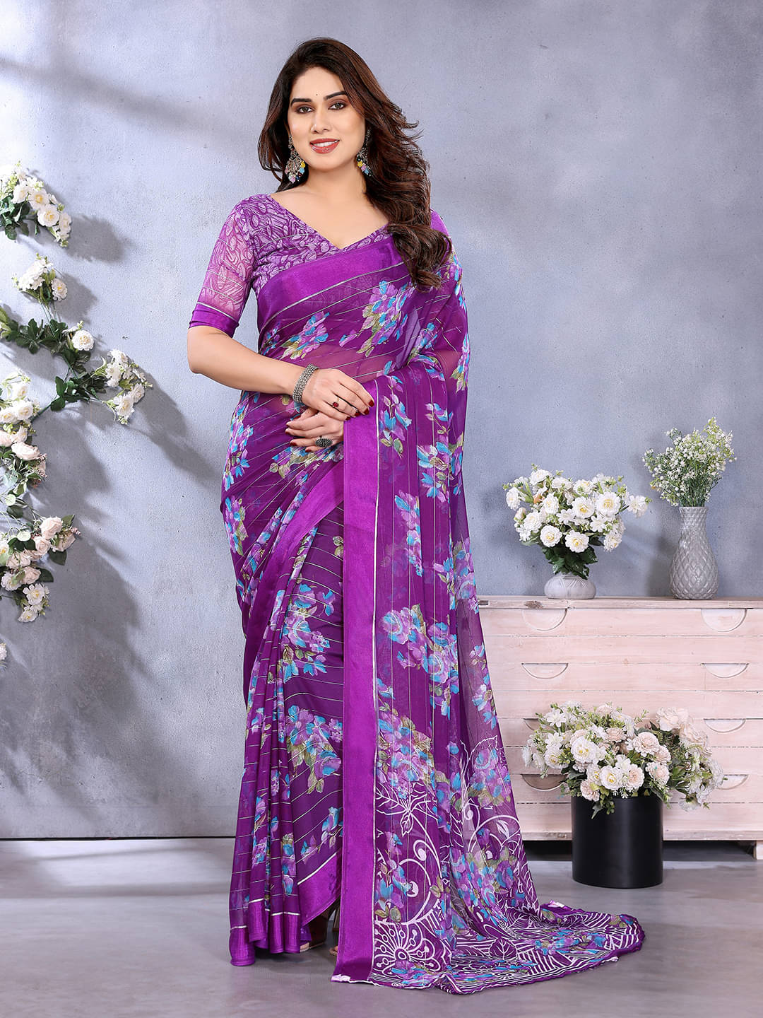     			ANAND SAREES Georgette Printed Regular Saree With Unstitched Blouse Piece ( Purple )