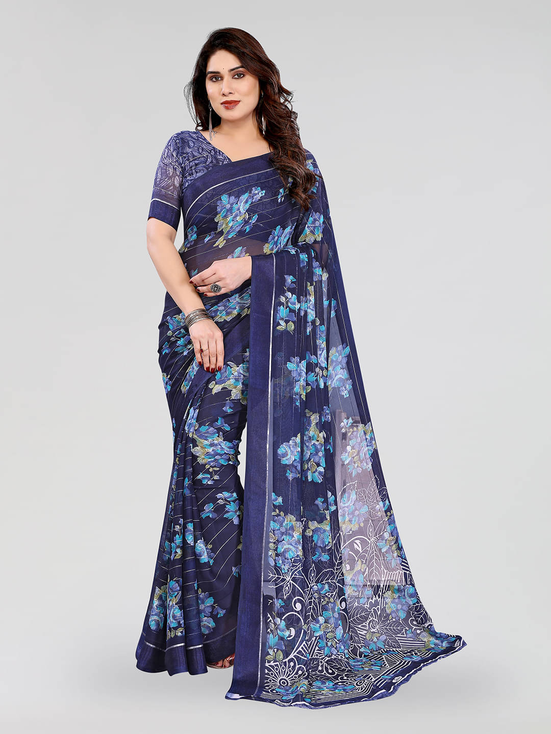 ANAND SAREES Georgette Printed Regular Saree With Unstitched Blouse Piece ( Navy Blue )     			ANAND SAREES Georgette Printed Regular Saree With Unstitched Blouse Piece ( Navy Blue )