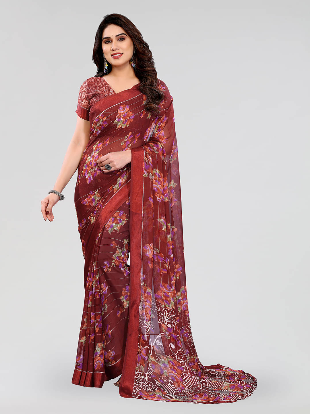 ANAND SAREES Georgette Printed Regular Saree With Unstitched Blouse Piece ( Maroon )     			ANAND SAREES Georgette Printed Regular Saree With Unstitched Blouse Piece ( Maroon )