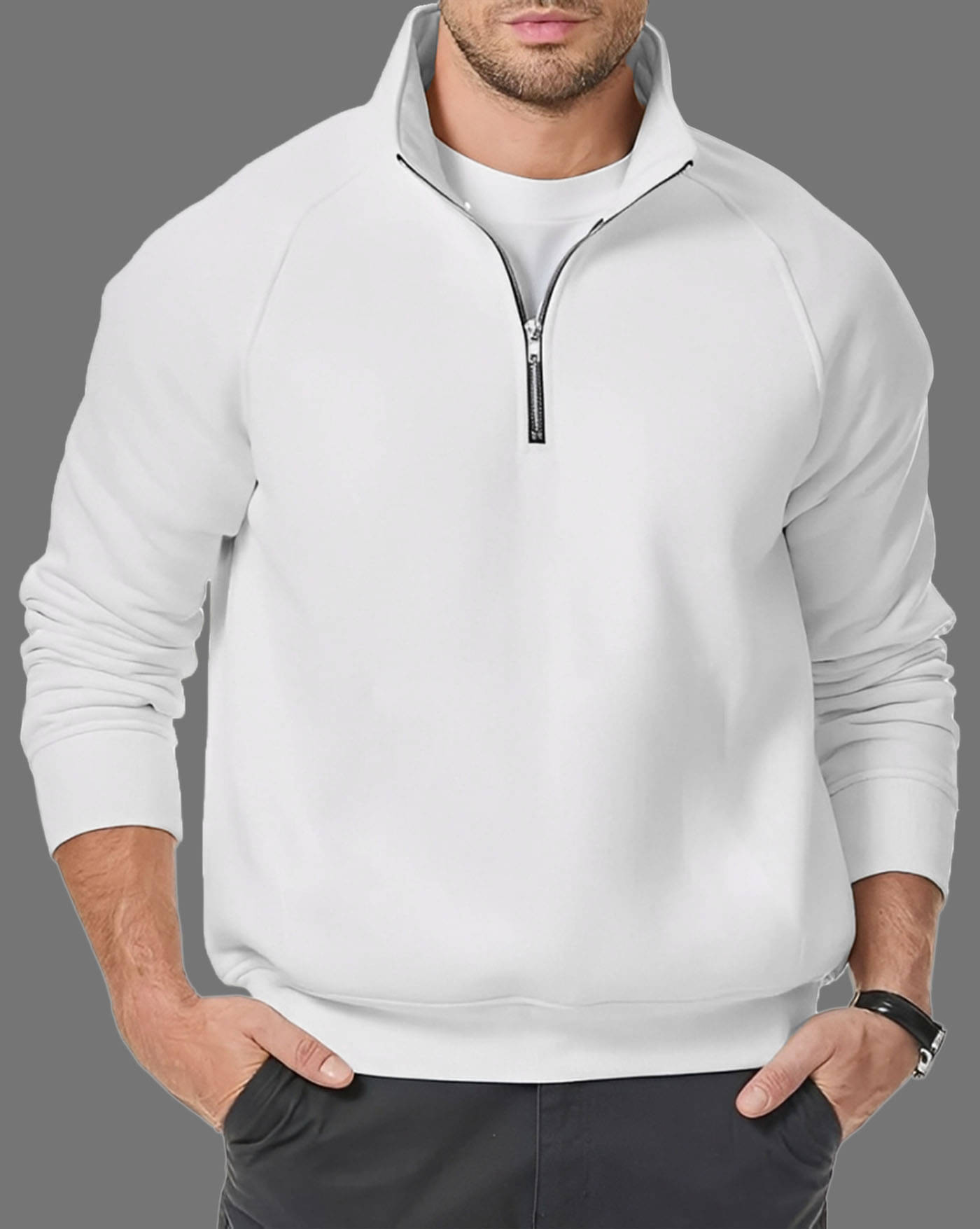     			AOOSH Fleece Mandarin Collar Men's Sweatshirt - White ( Pack of 1 )