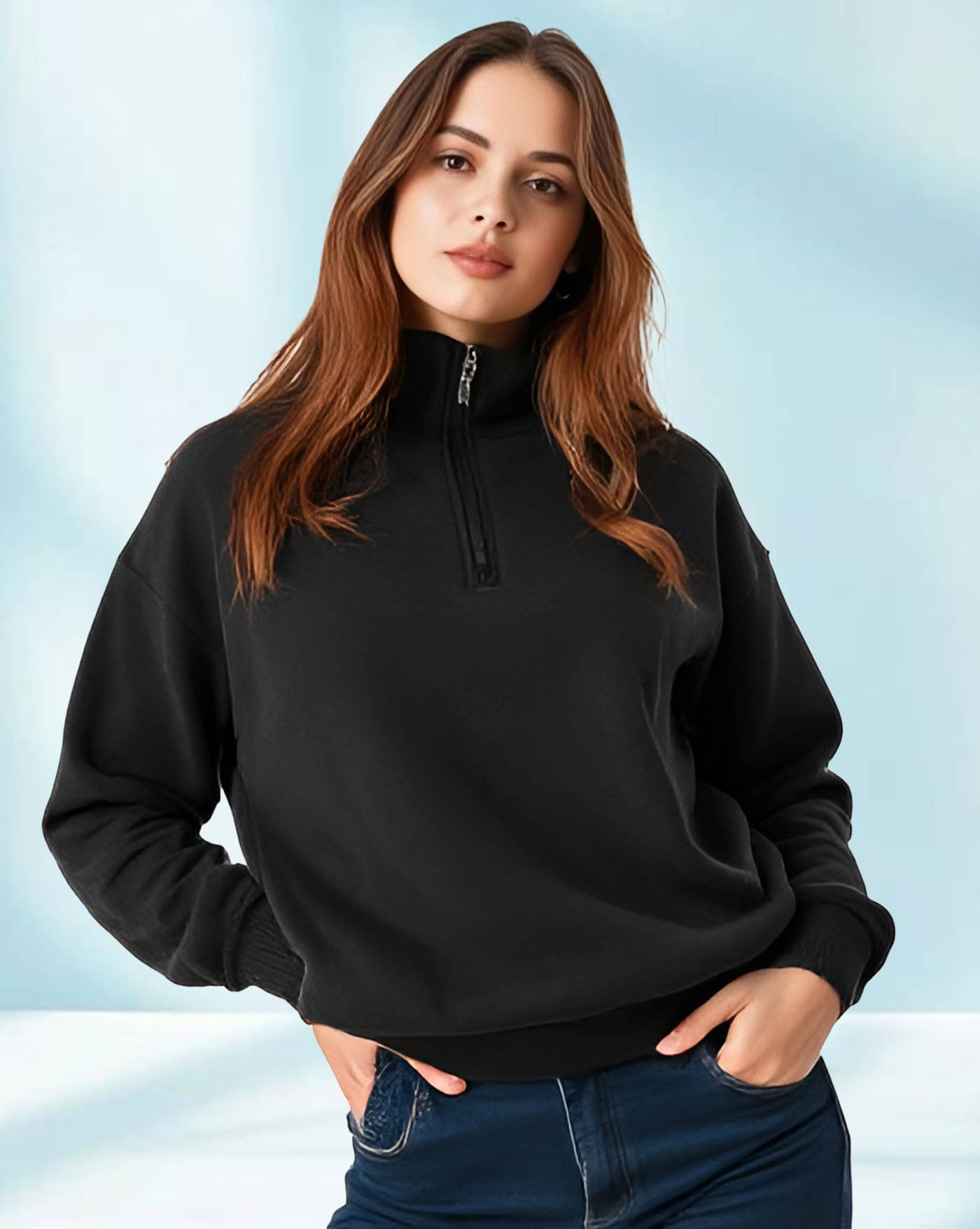     			AUSK Women Fleece Mandarin Collar Sweatshirt For Light Winters ( Black )