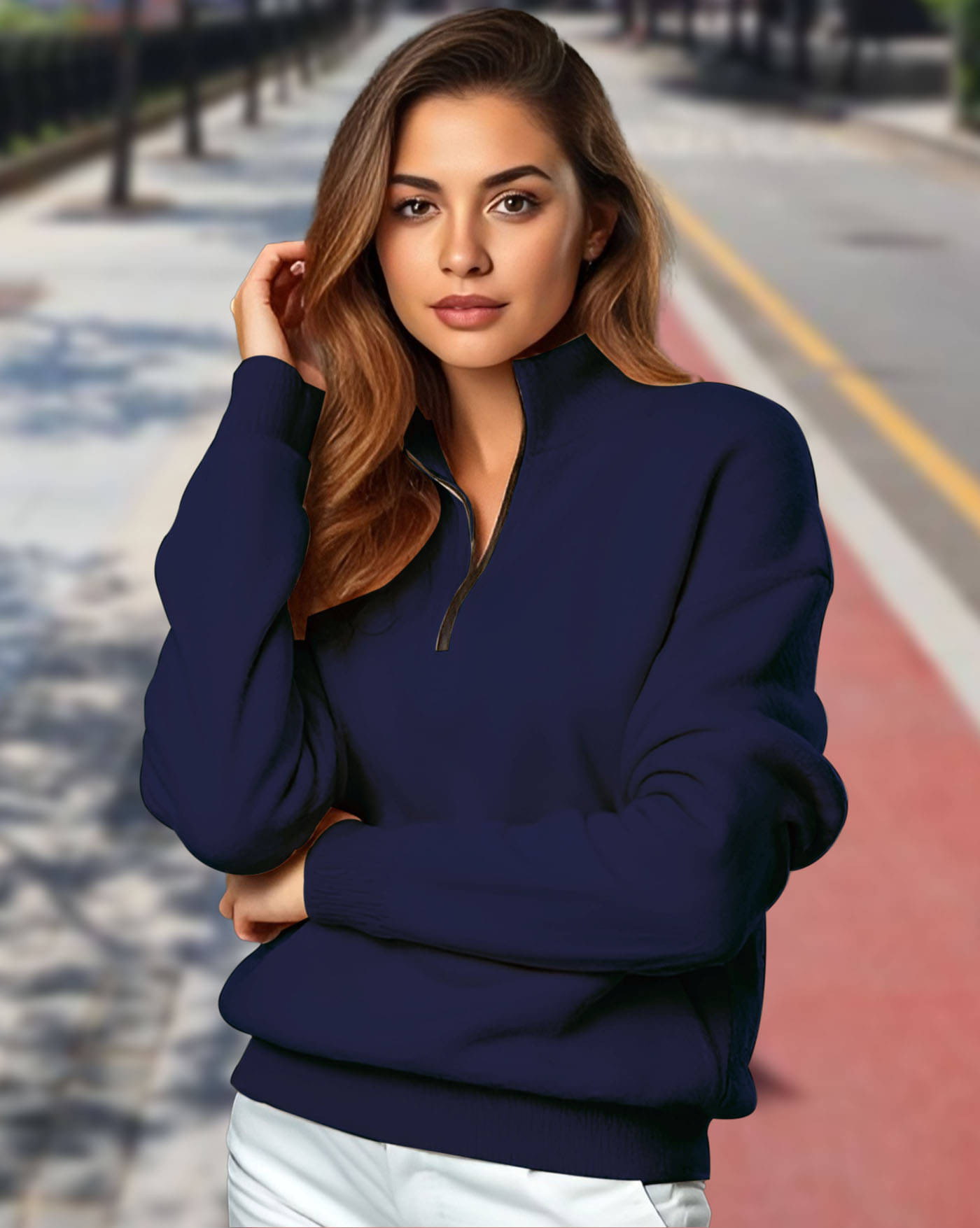     			AUSK Women Fleece Mandarin Collar Sweatshirt For Light Winters ( Blue )