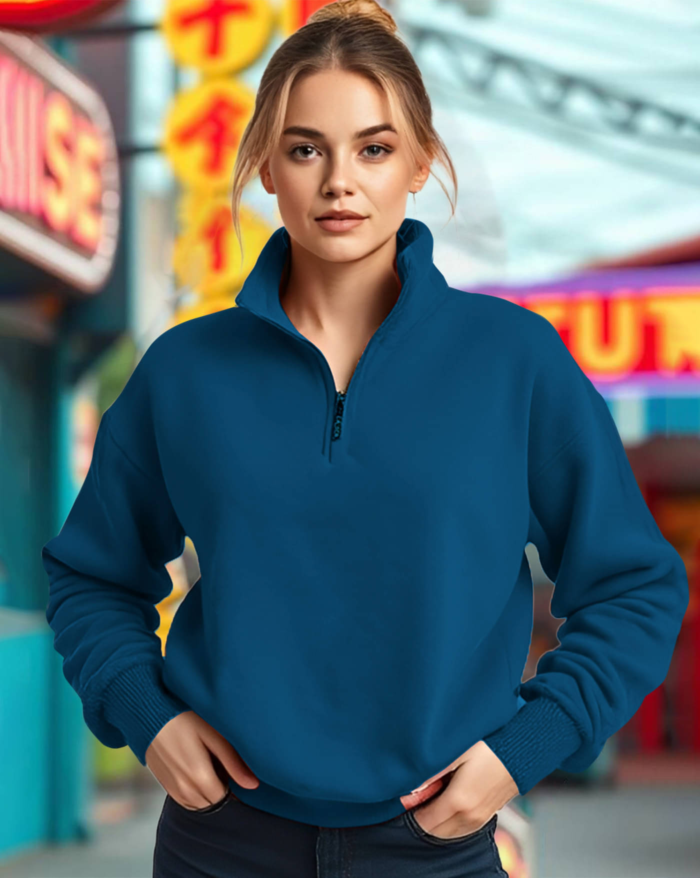     			AUSK Women Fleece Mandarin Collar Sweatshirt For Light Winters ( Turquoise )