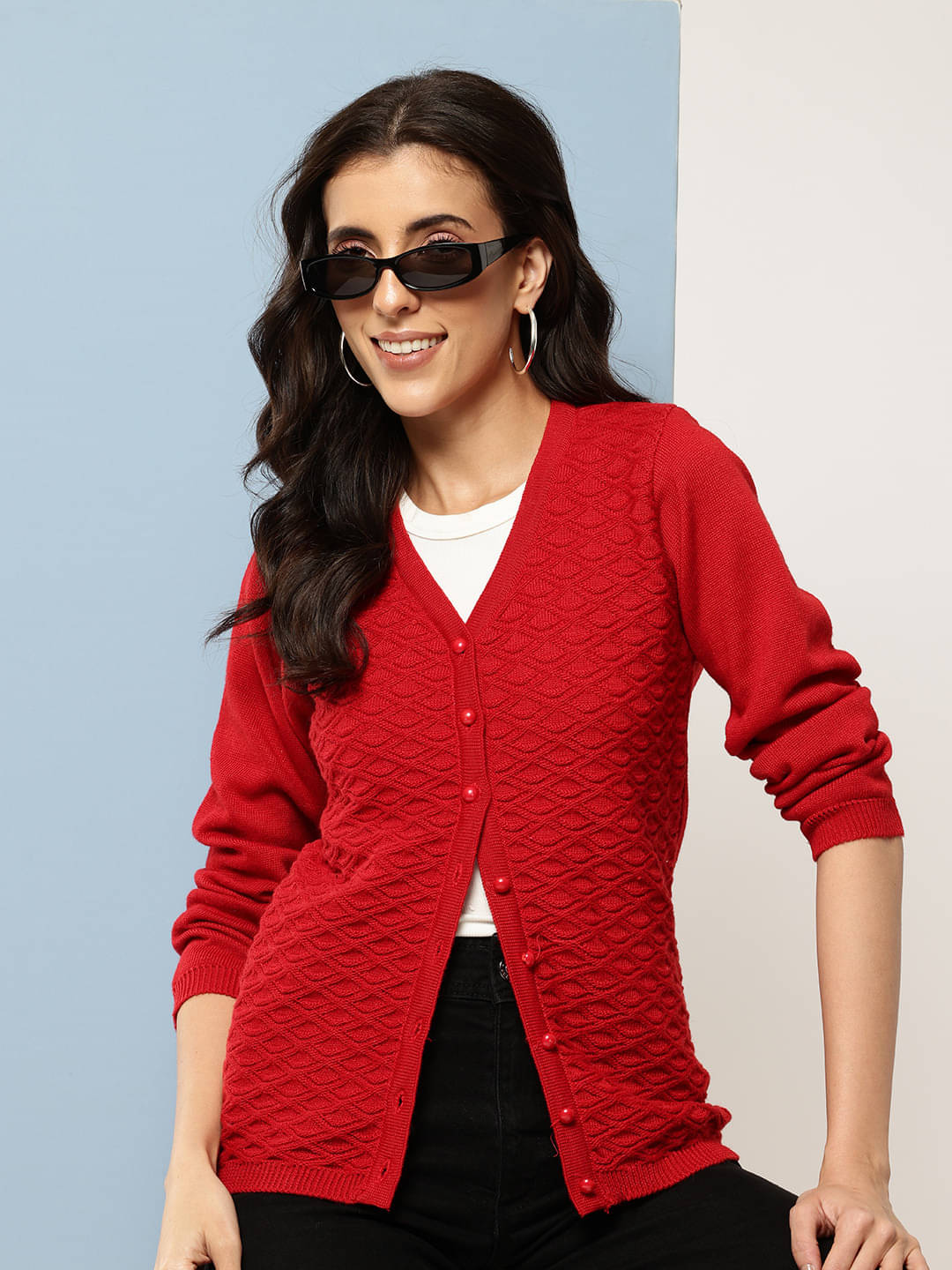 Aarika Women Woollen V-Neck Sweater ( Red ) Aarika Women Woollen V-Neck Sweater ( Red )