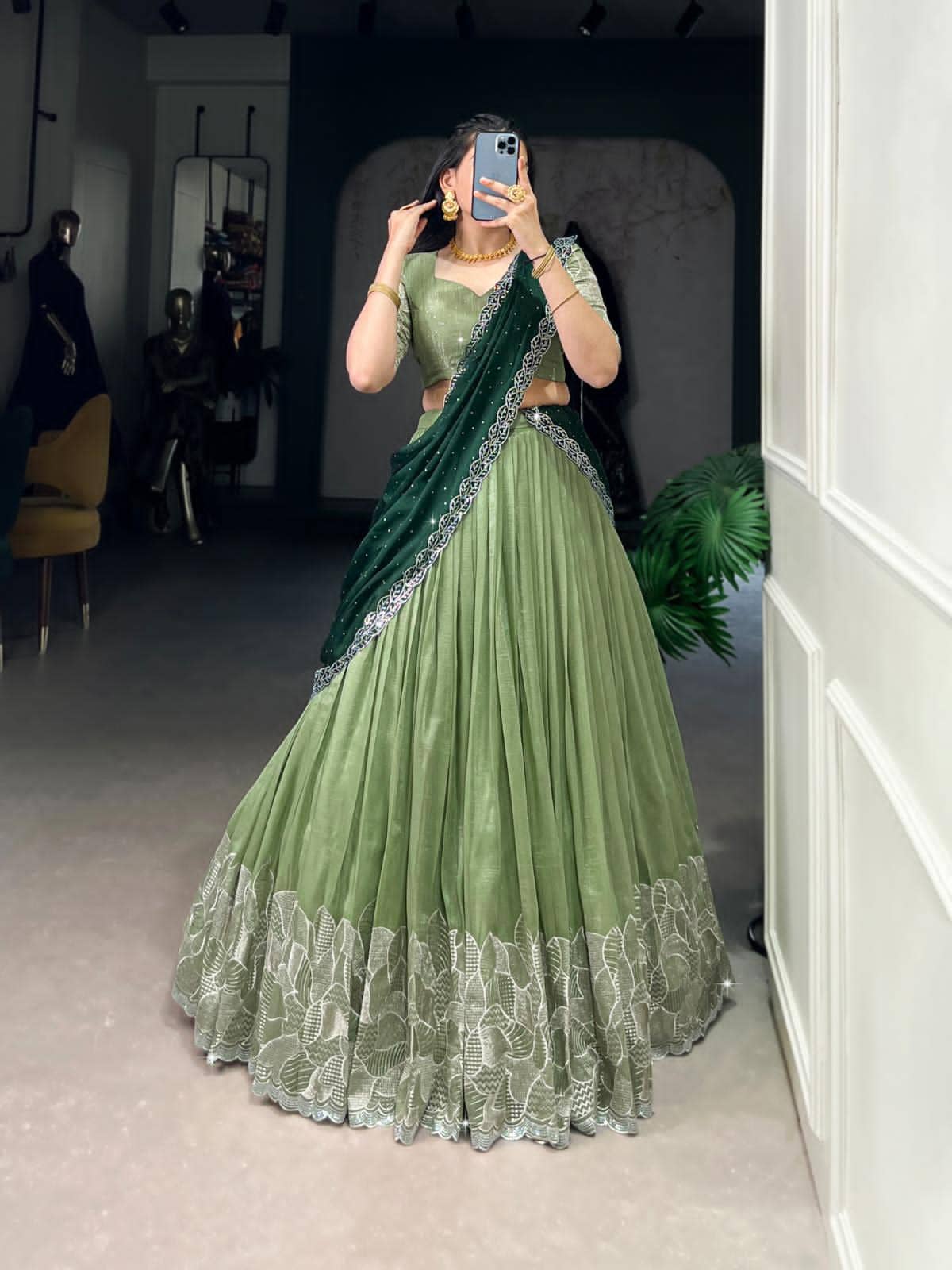 Aika Women Chiffon Flared Semi Stitched Lehenga Choli ( Green )