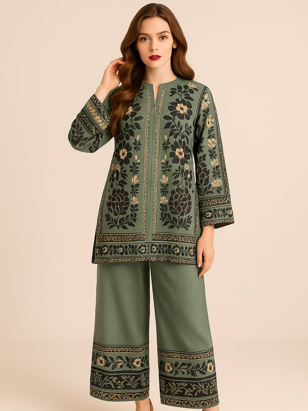     			BUFFARO Women Printed Tunic With Palazzos Co-Ord Set ( Green )