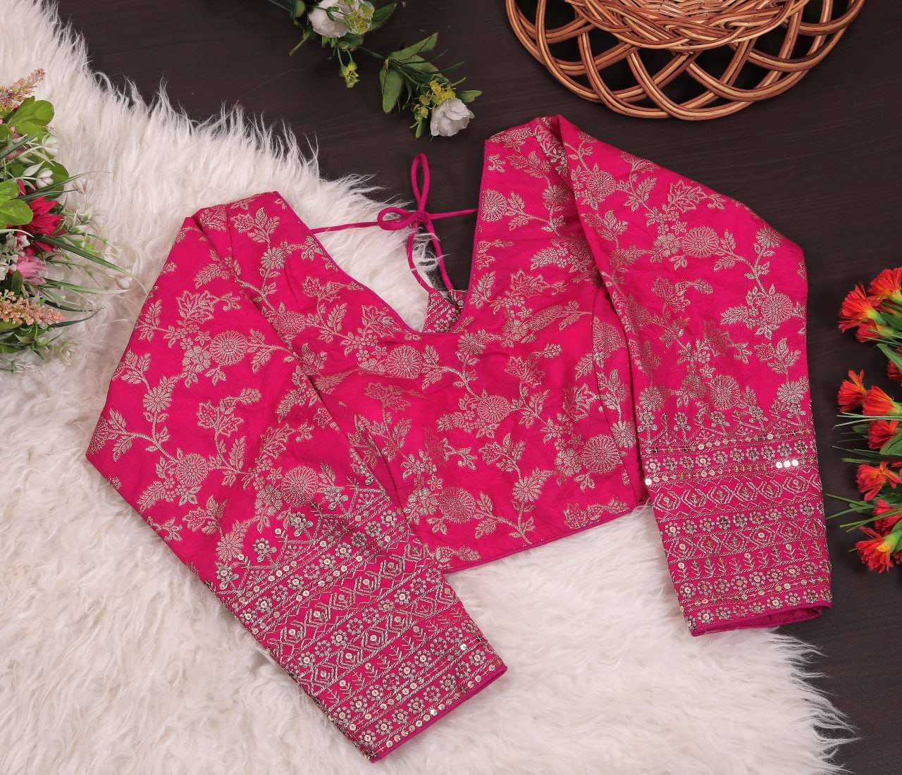     			Bigbest Feb Jacquard Readymade with Pad V-Neck Women's Blouse ( Rani )