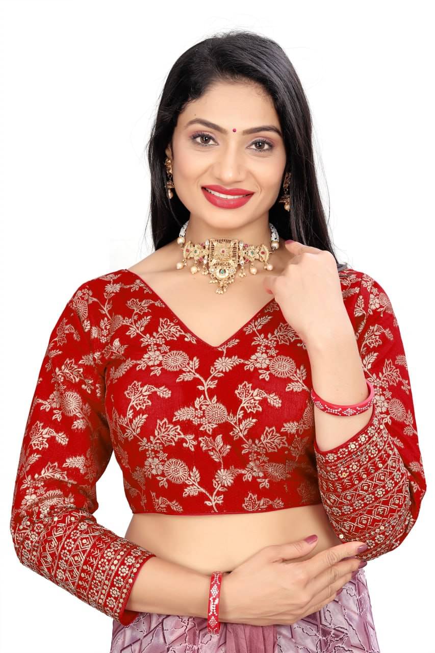 Bigbest Feb Jacquard Readymade with Pad V-Neck Women's Blouse ( Red ) Bigbest Feb Jacquard Readymade with Pad V-Neck Women's Blouse ( Red )