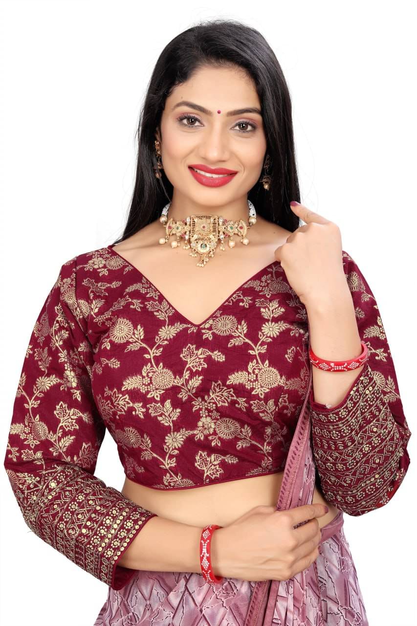 Bigbest Feb Jacquard Readymade with Pad V-Neck Women's Blouse ( Maroon )     			Bigbest Feb Jacquard Readymade with Pad V-Neck Women's Blouse ( Maroon )