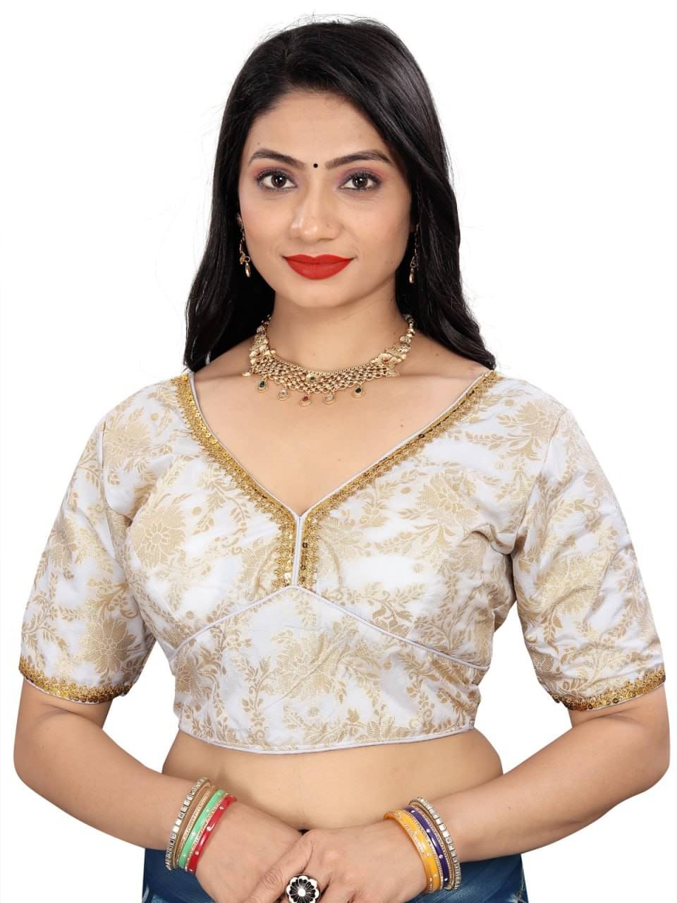     			Bigbest Feb Jacquard Readymade with Pad V-Neck Women's Blouse ( White )