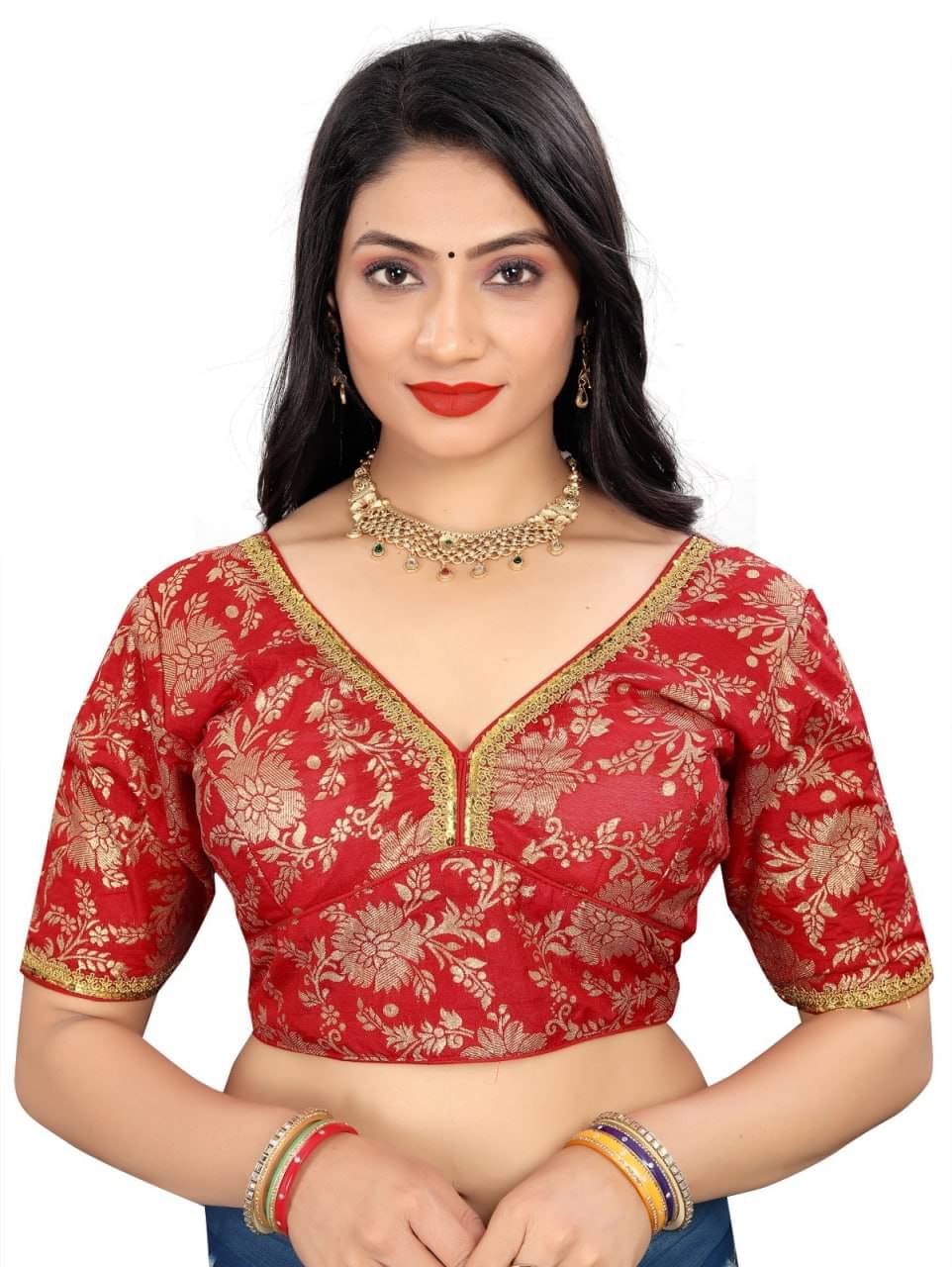     			Bigbest Feb Jacquard Readymade with Pad V-Neck Women's Blouse ( Red )