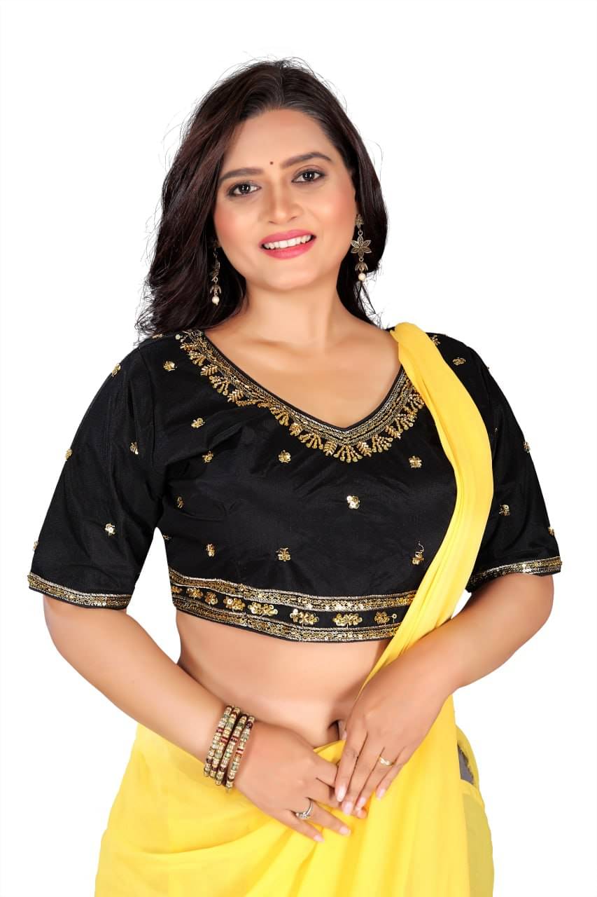 Bigbest Feb Silk Semi Stitched V-Neck Women's Blouse ( Black ) Bigbest Feb Silk Semi Stitched V-Neck Women's Blouse ( Black )