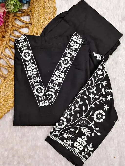     			CITYTALK Women Cotton Blend Embroidered Straight Kurti With Pants ( Black )