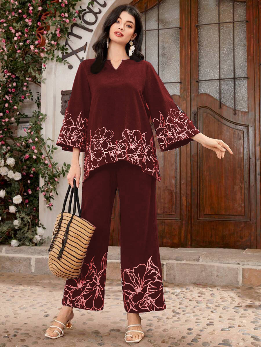     			CITYTALK Women Embroidered Top With Palazzos Co-Ord Set ( Maroon )