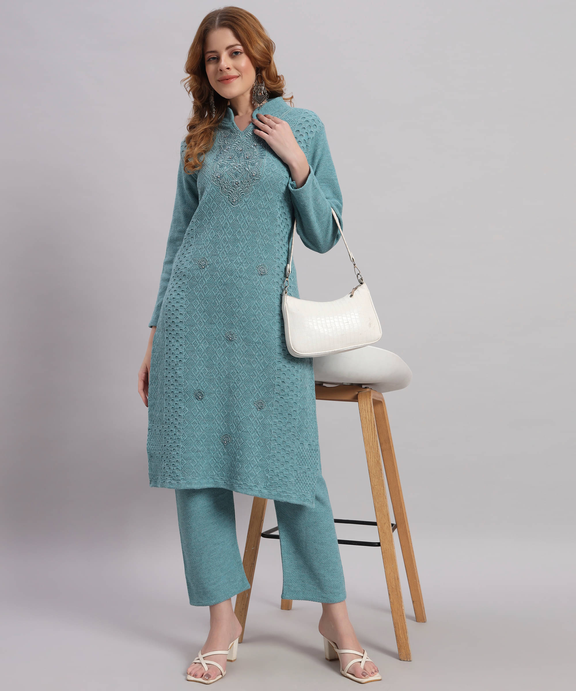     			Canblar Women Woollen Embroidered Straight Kurti With Palazzo ( Multicolor )