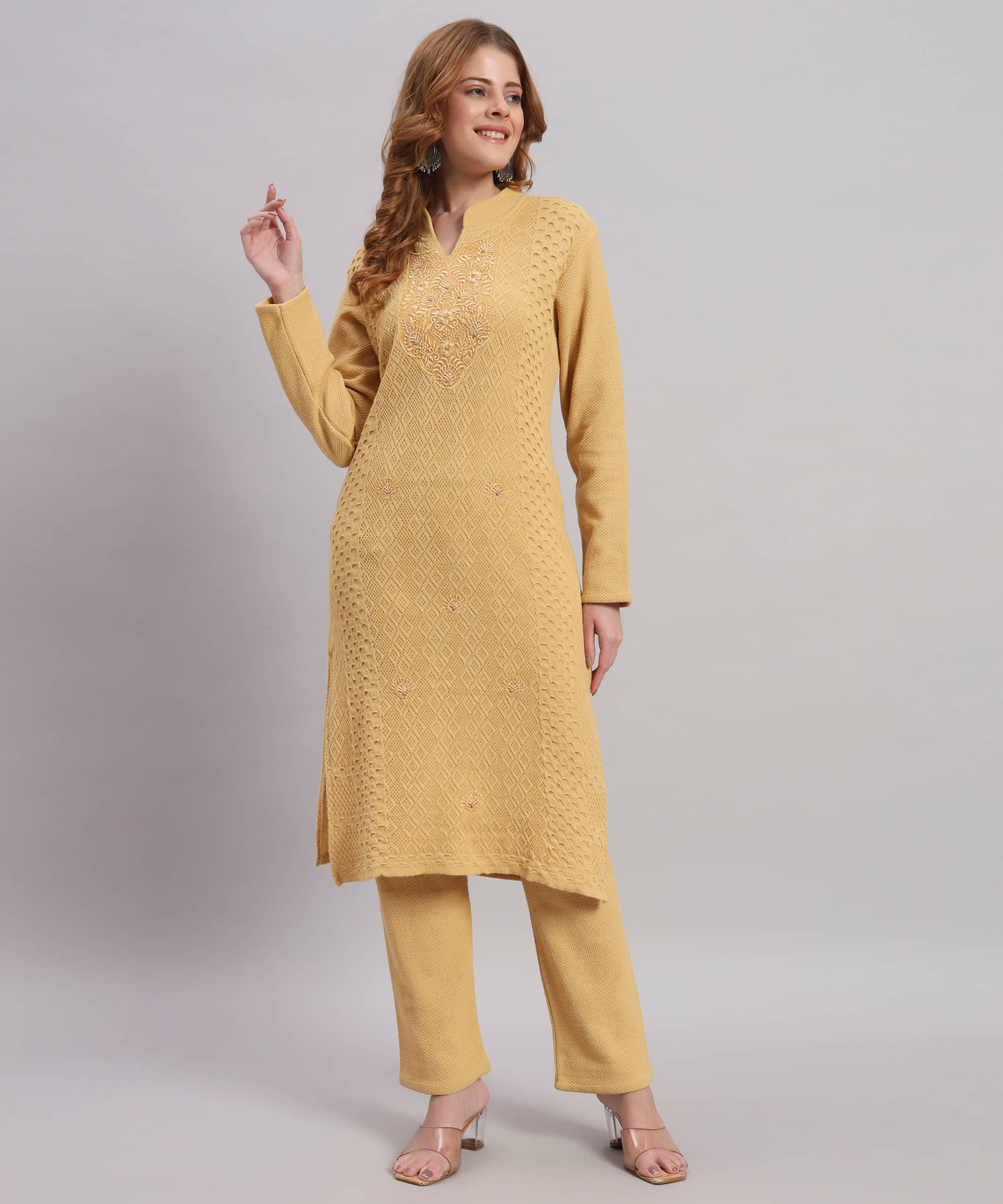     			Canblar Women Woollen Embroidered Straight Kurti With Palazzo ( Yellow )