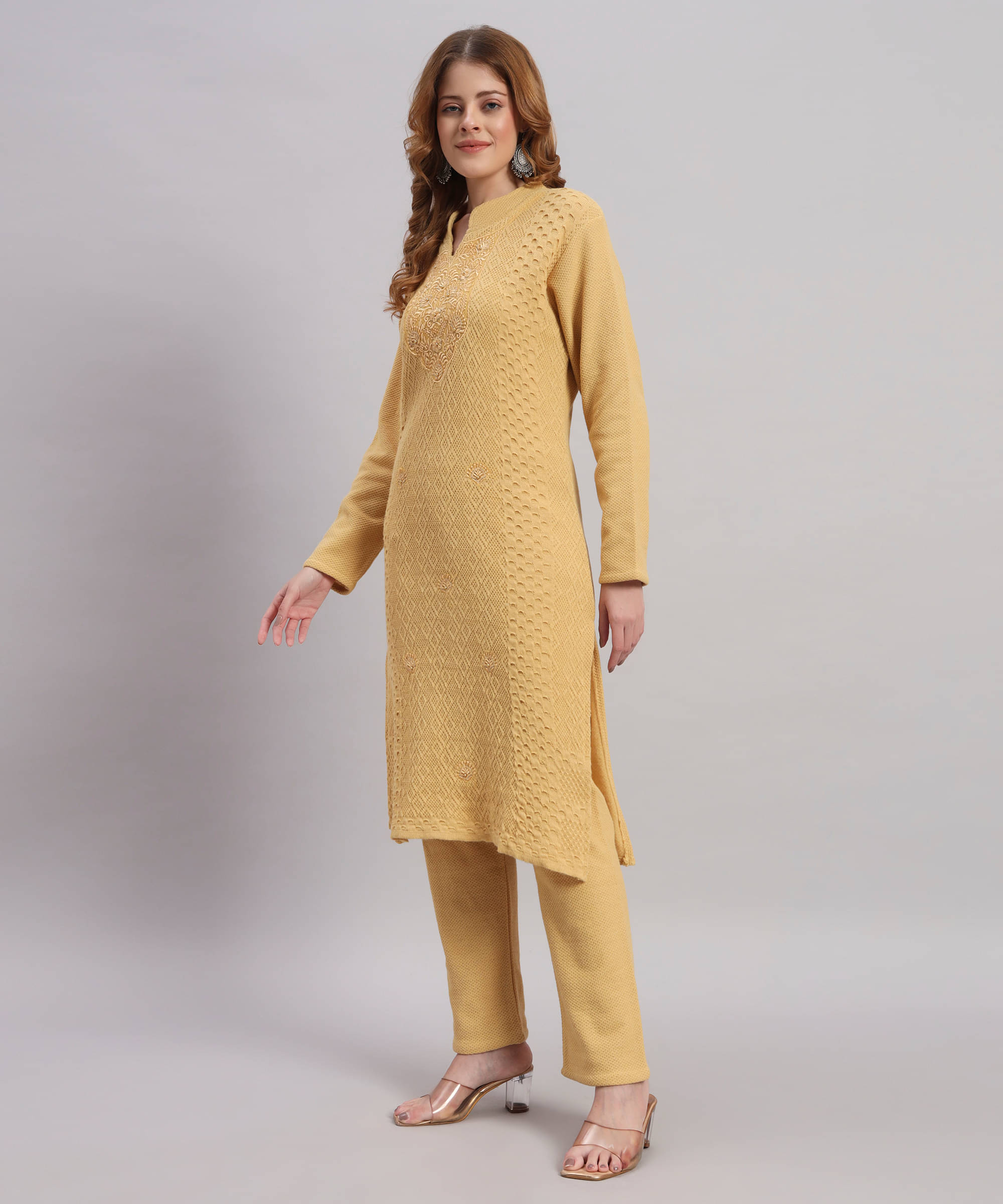     			Canblar Women Woollen Embroidered Straight Kurti With Palazzo ( Yellow )