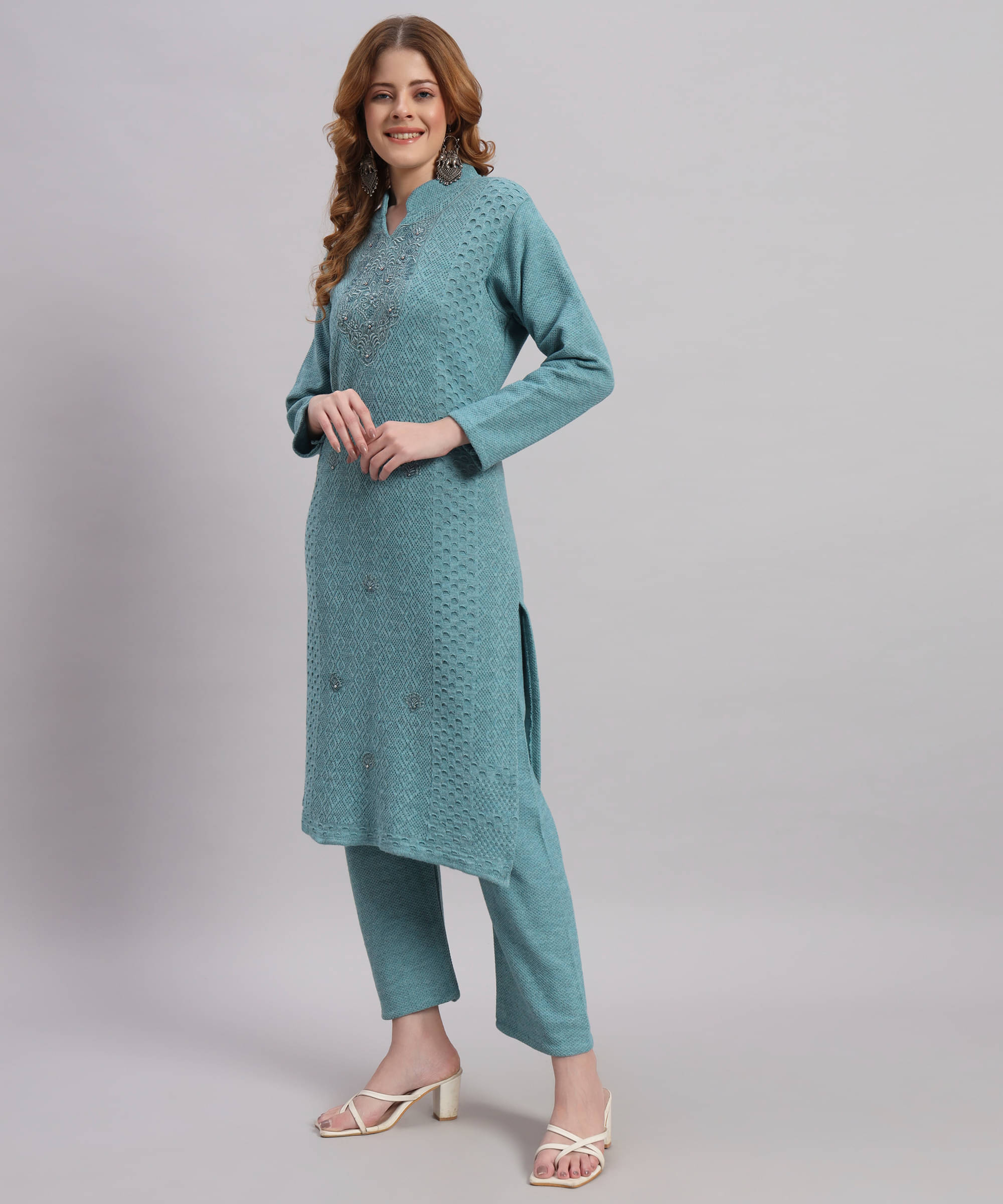     			Canblar Women Woollen Embroidered Straight Kurti With Palazzo ( Multicolor )