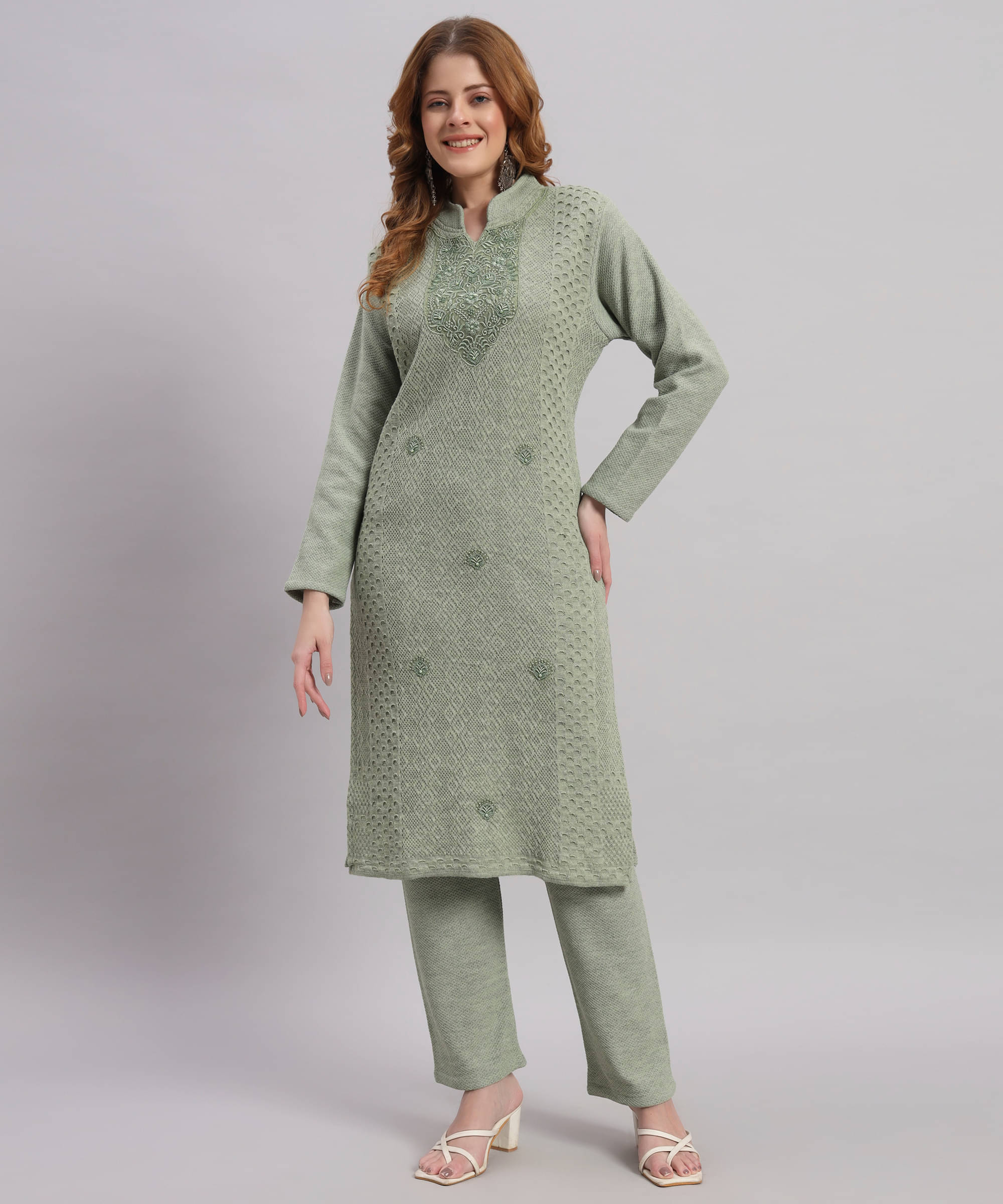     			Canblar Women Woollen Embroidered Straight Kurti With Palazzo ( Green )