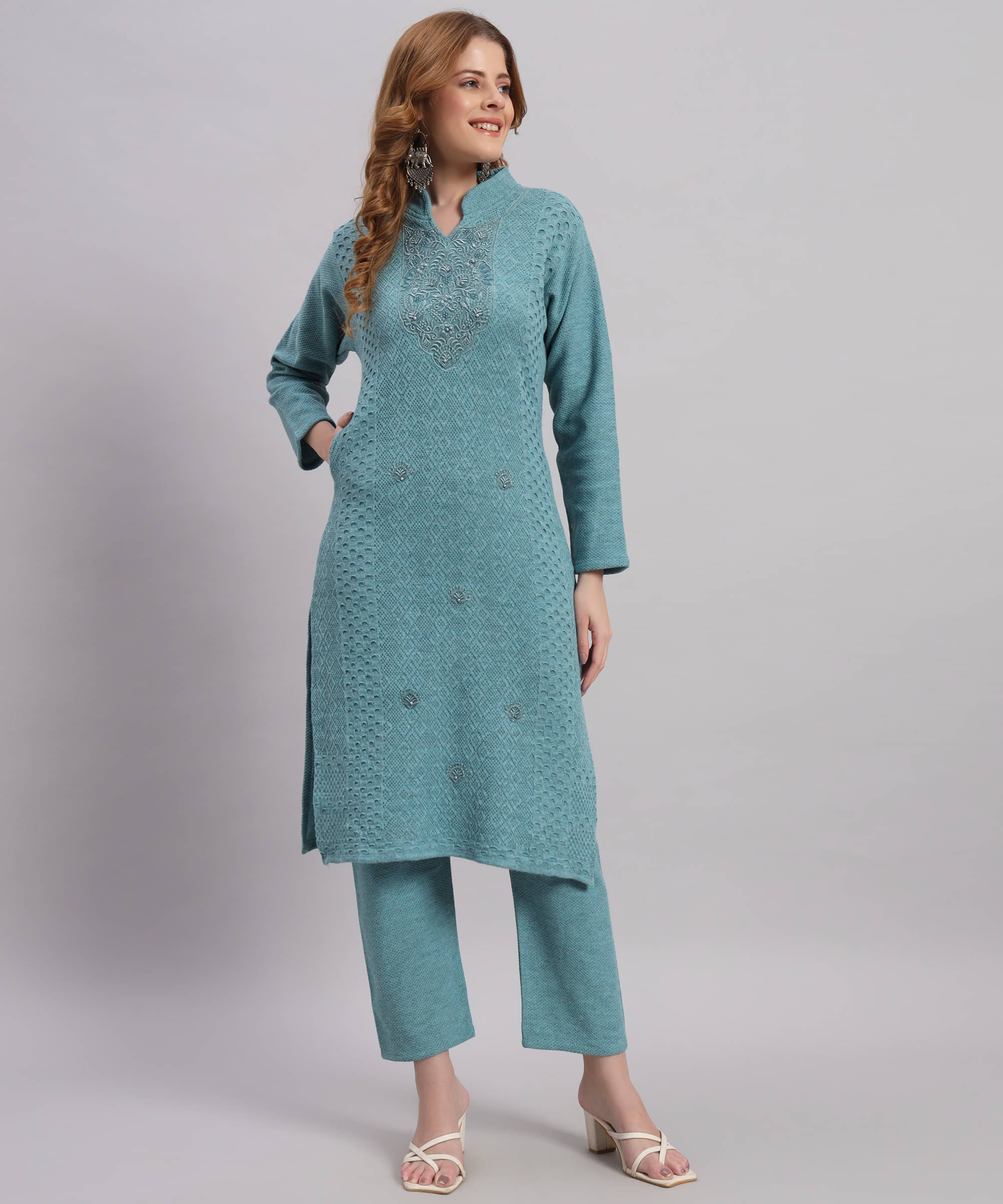     			Canblar Women Woollen Embroidered Straight Kurti With Palazzo ( Multicolor )