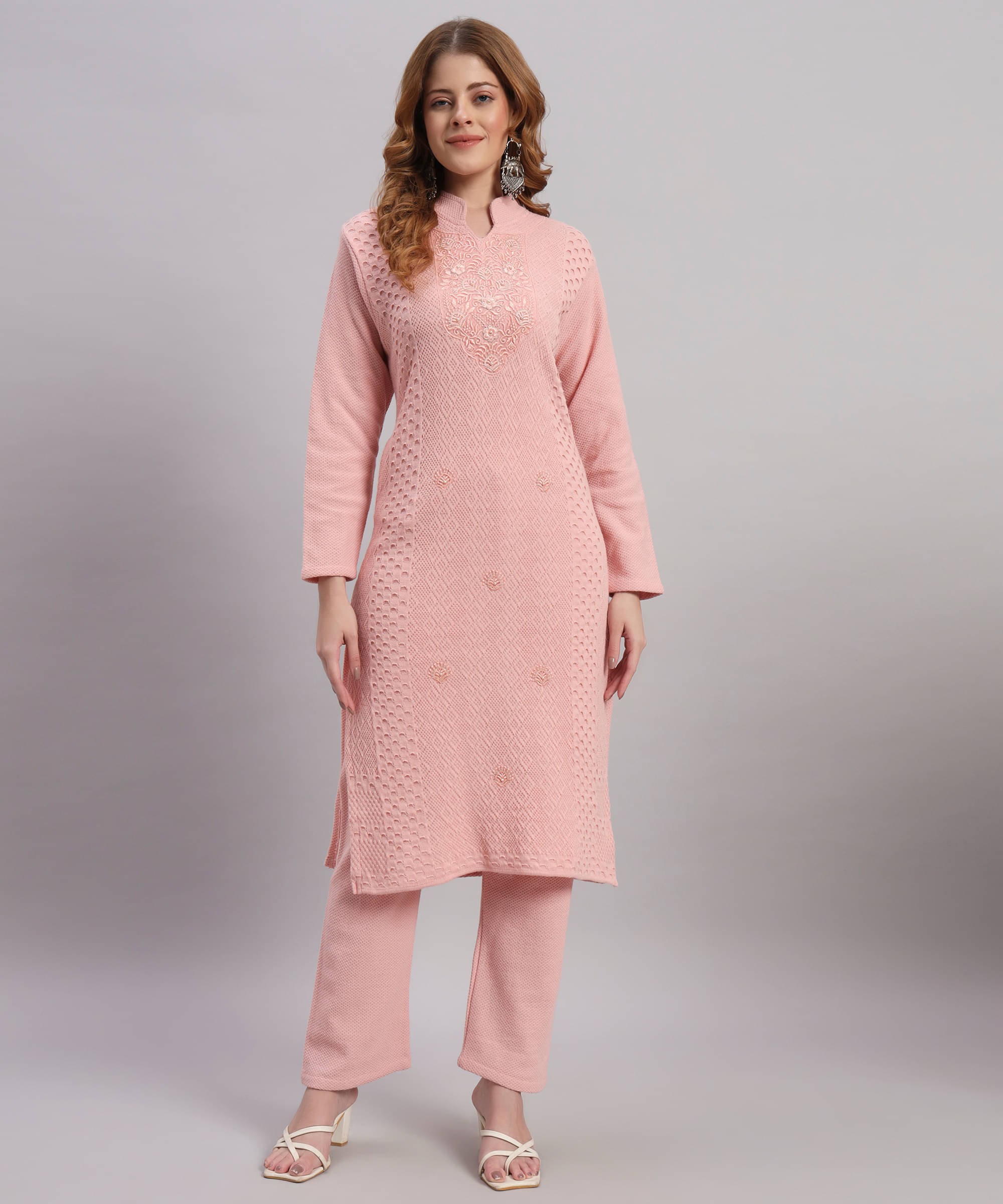     			Canblar Women Woollen Embroidered Straight Kurti With Palazzo ( Peach )