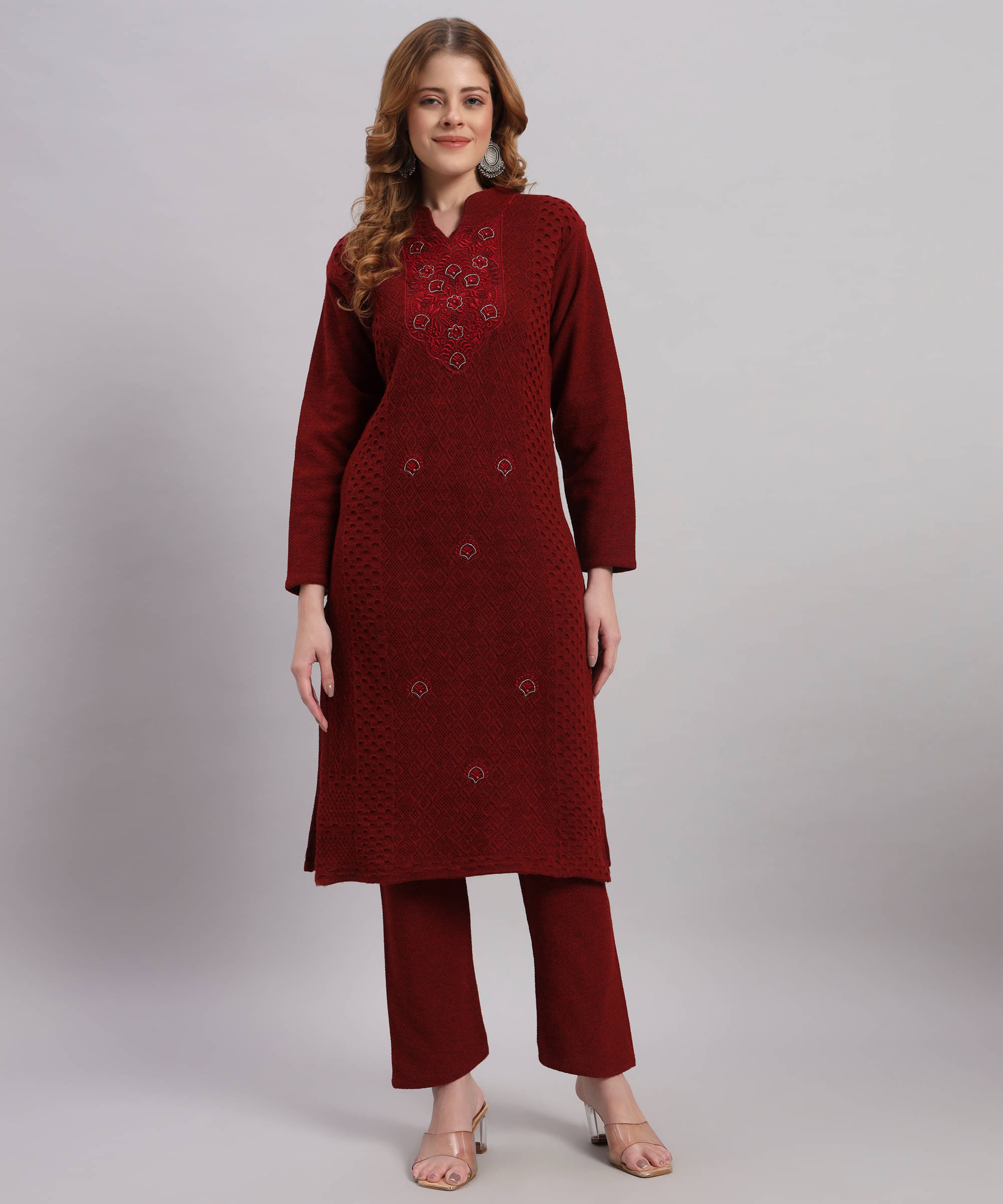     			Canblar Women Woollen Embroidered Straight Kurti With Palazzo ( Maroon )