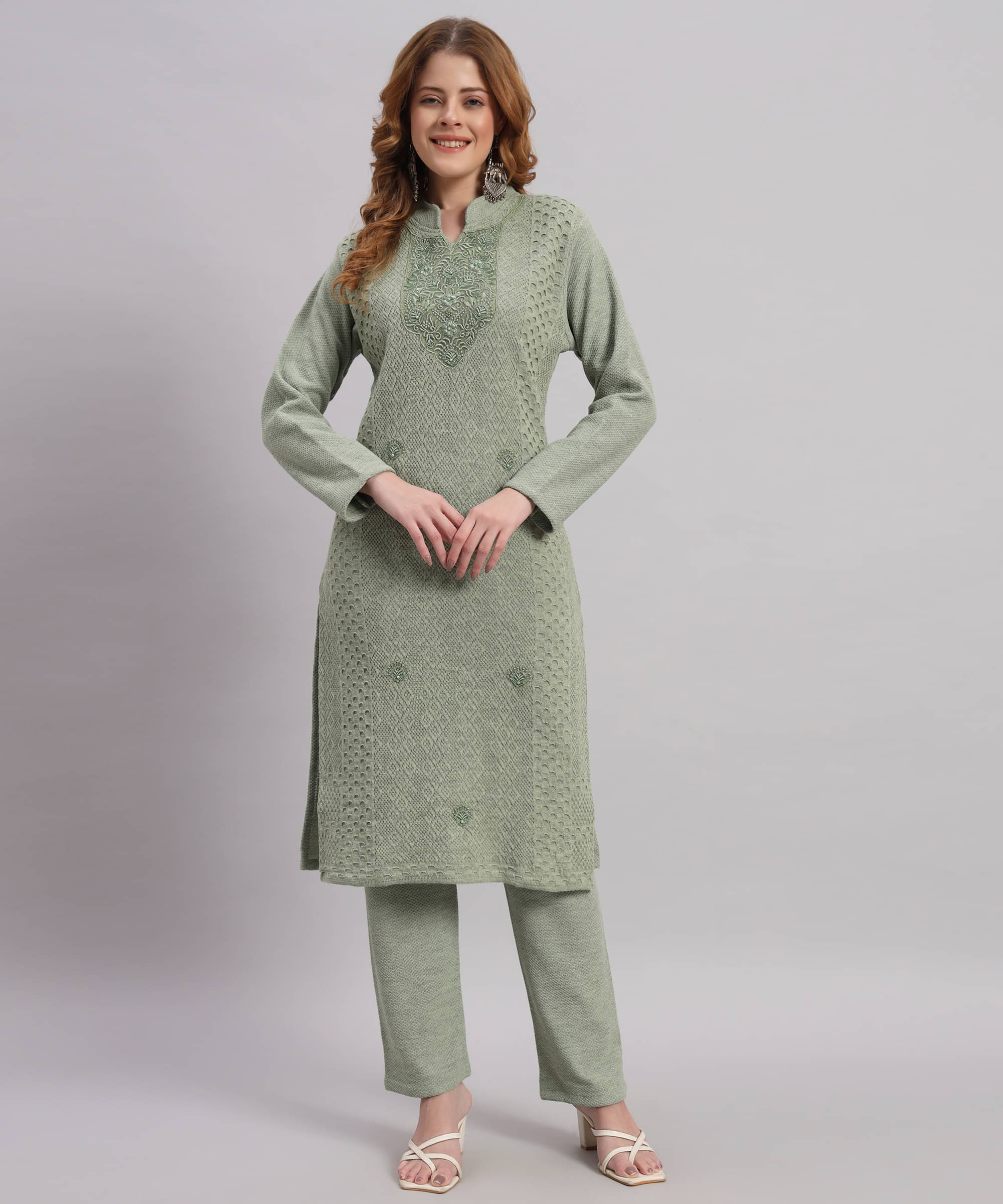     			Canblar Women Woollen Embroidered Straight Kurti With Palazzo ( Green )