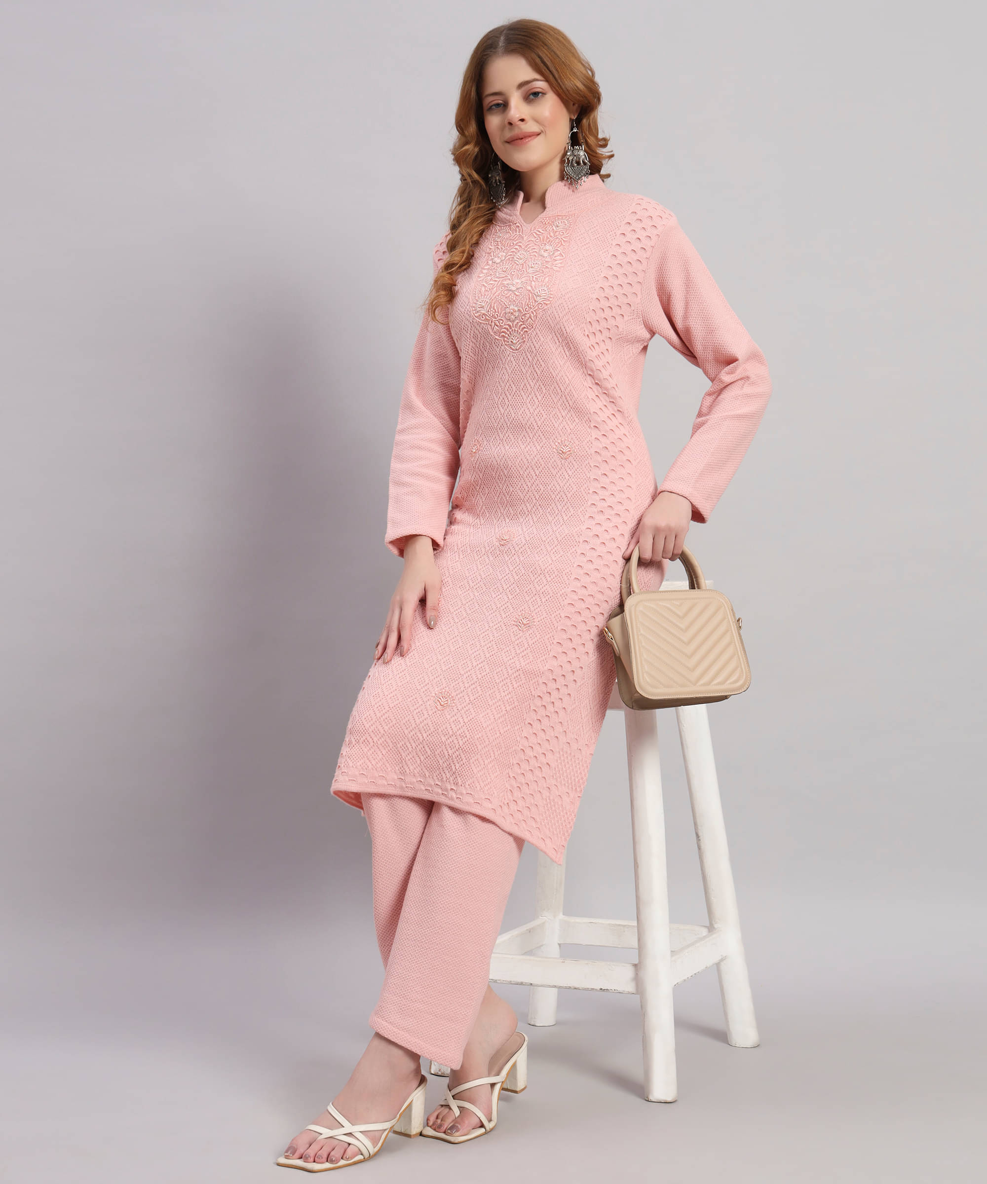     			Canblar Women Woollen Embroidered Straight Kurti With Palazzo ( Peach )