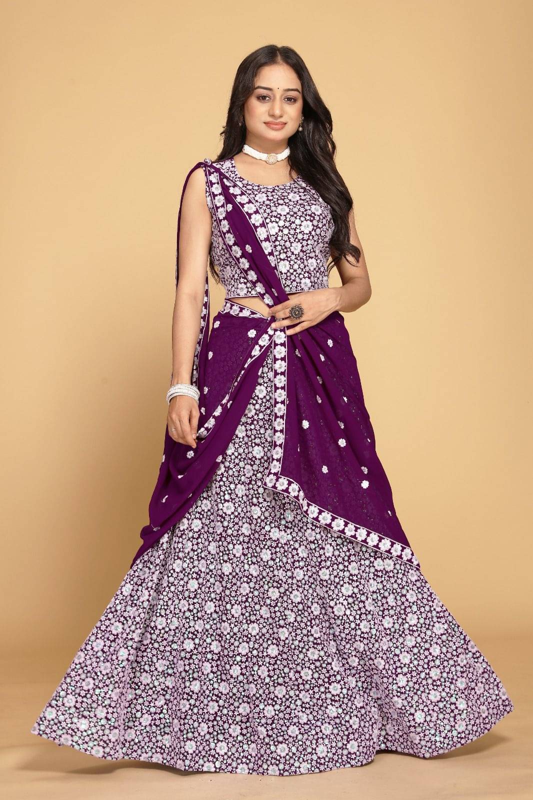     			DWARKESH ENTERPRISE Women Georgette Flared Semi Stitched Lehenga Choli ( Wine )