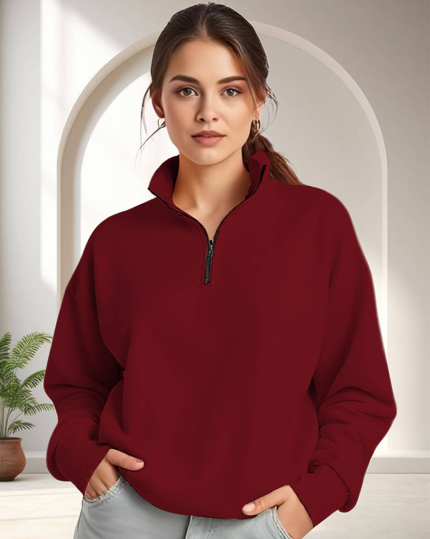     			ENITOR Women Fleece Mandarin Collar Sweatshirt For Light Winters ( Maroon )